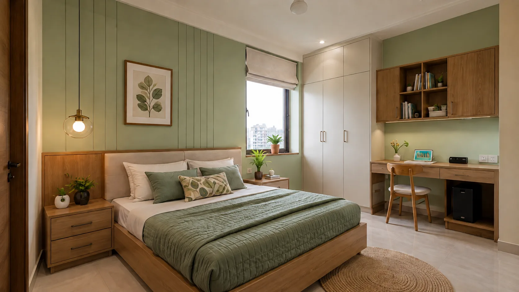 Modern Guest Bedroom with Sage Panelling, a Study Desk and Wood Bed | Interior Design Idea by IndecSpace