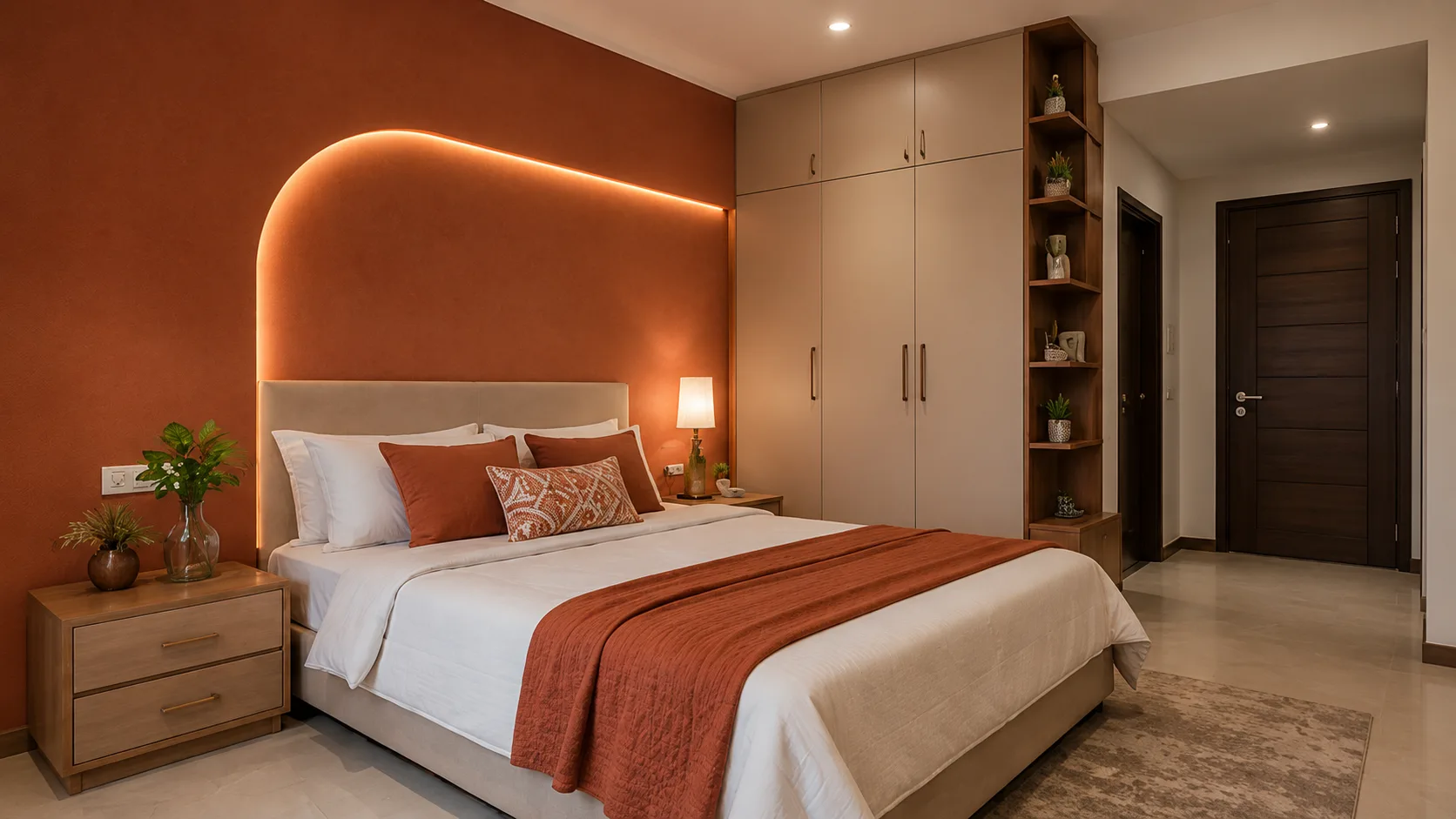 Modern Guest Bedroom with a Curved Backlit Terracotta Wall and Built-In Wardrobe | Interior Design Idea by IndecSpace