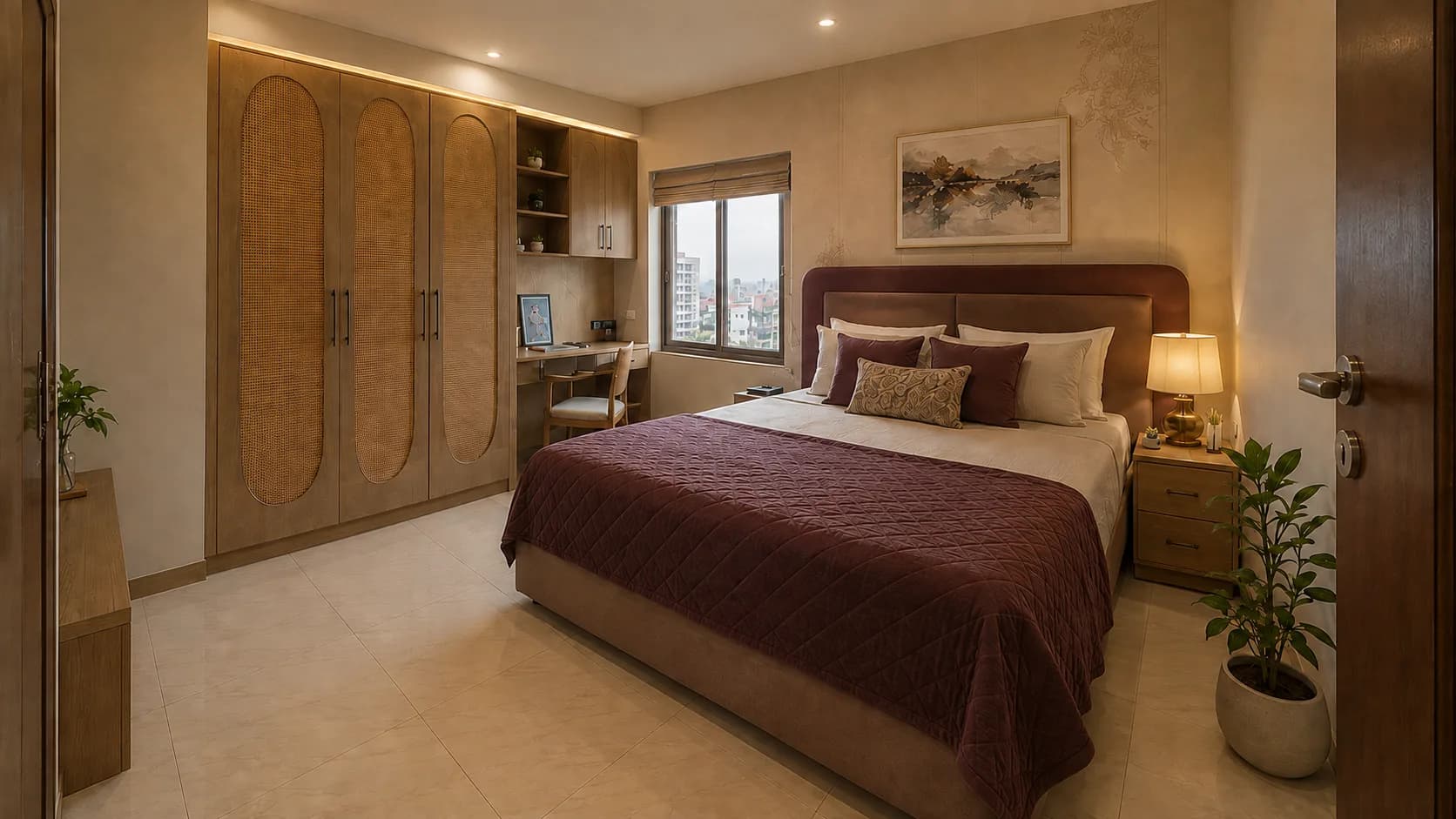 Warm Modern Guest Bedroom with a Cane Wardrobe, Burgundy Bed and Window-Side Study | Interior Design Idea by IndecSpace