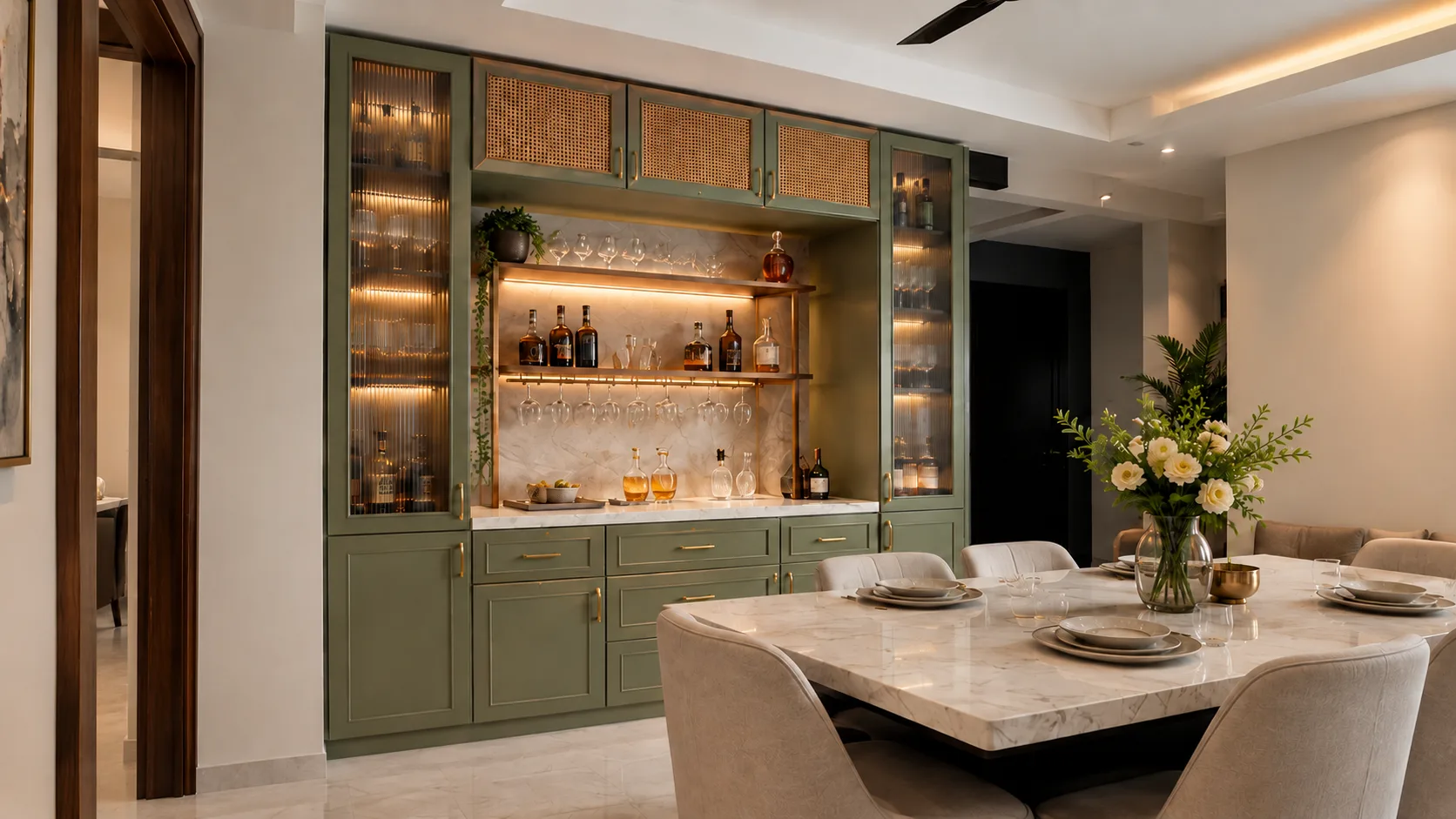 Sage Green Contemporary Home Bar with Cane Cabinets and Glass Display | Interior Design Idea by IndecSpace
