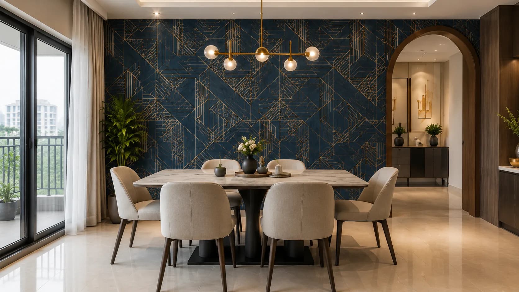 Art Deco Dining Room Wallpaper in Navy and Gold Geometric Linework | Interior Design Idea by IndecSpace
