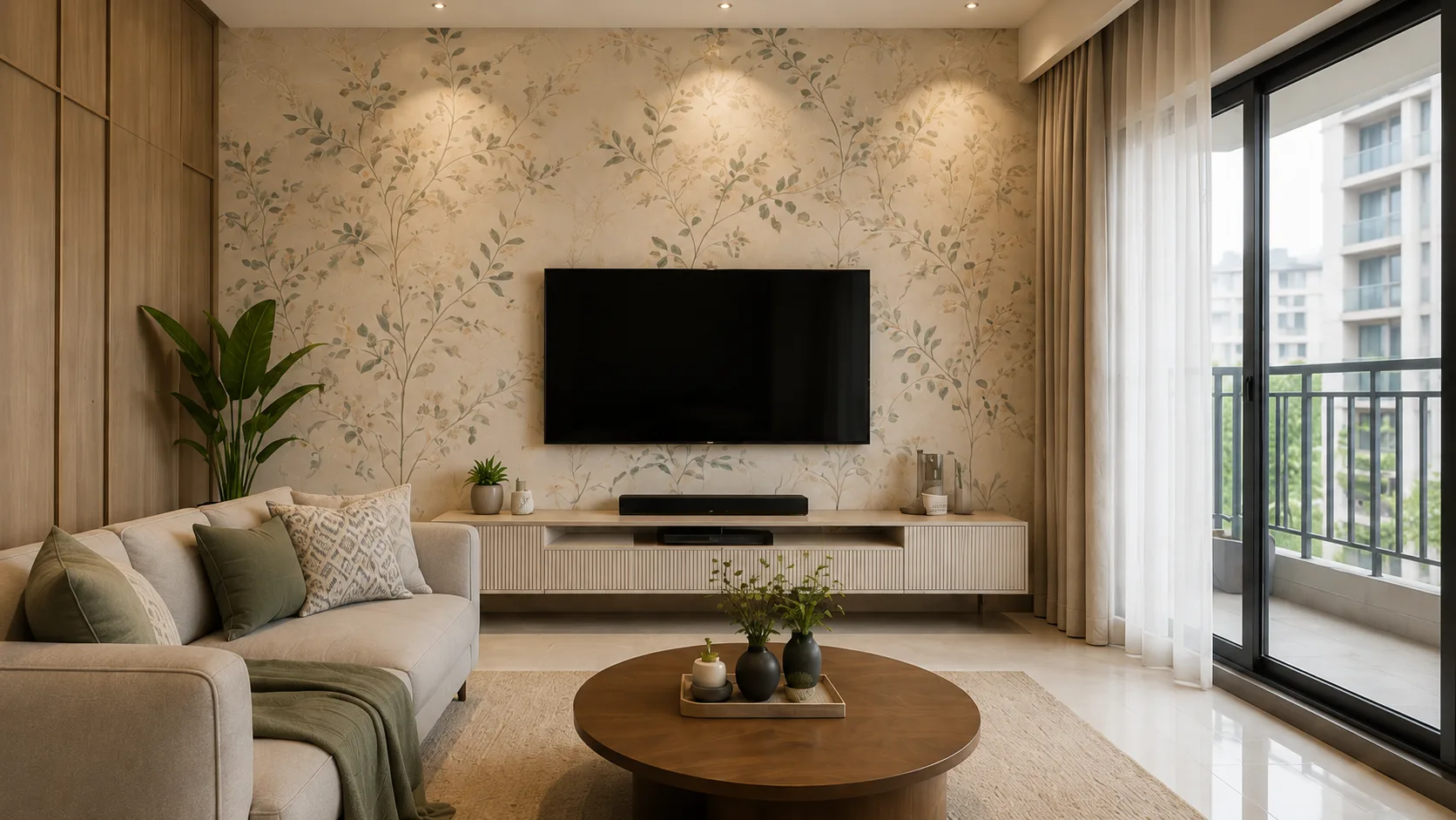 Contemporary Living Room Wallpaper in a Beige Botanical Vine Pattern | Interior Design Idea by IndecSpace
