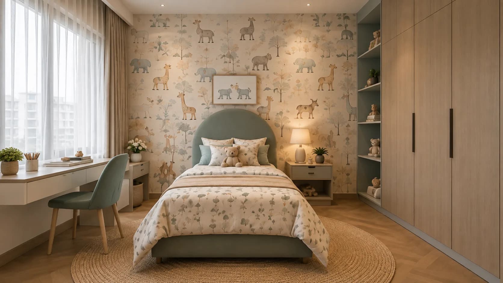 Kids Bedroom Wallpaper with a Pastel Safari Animal and Tree Pattern | Interior Design Idea by IndecSpace