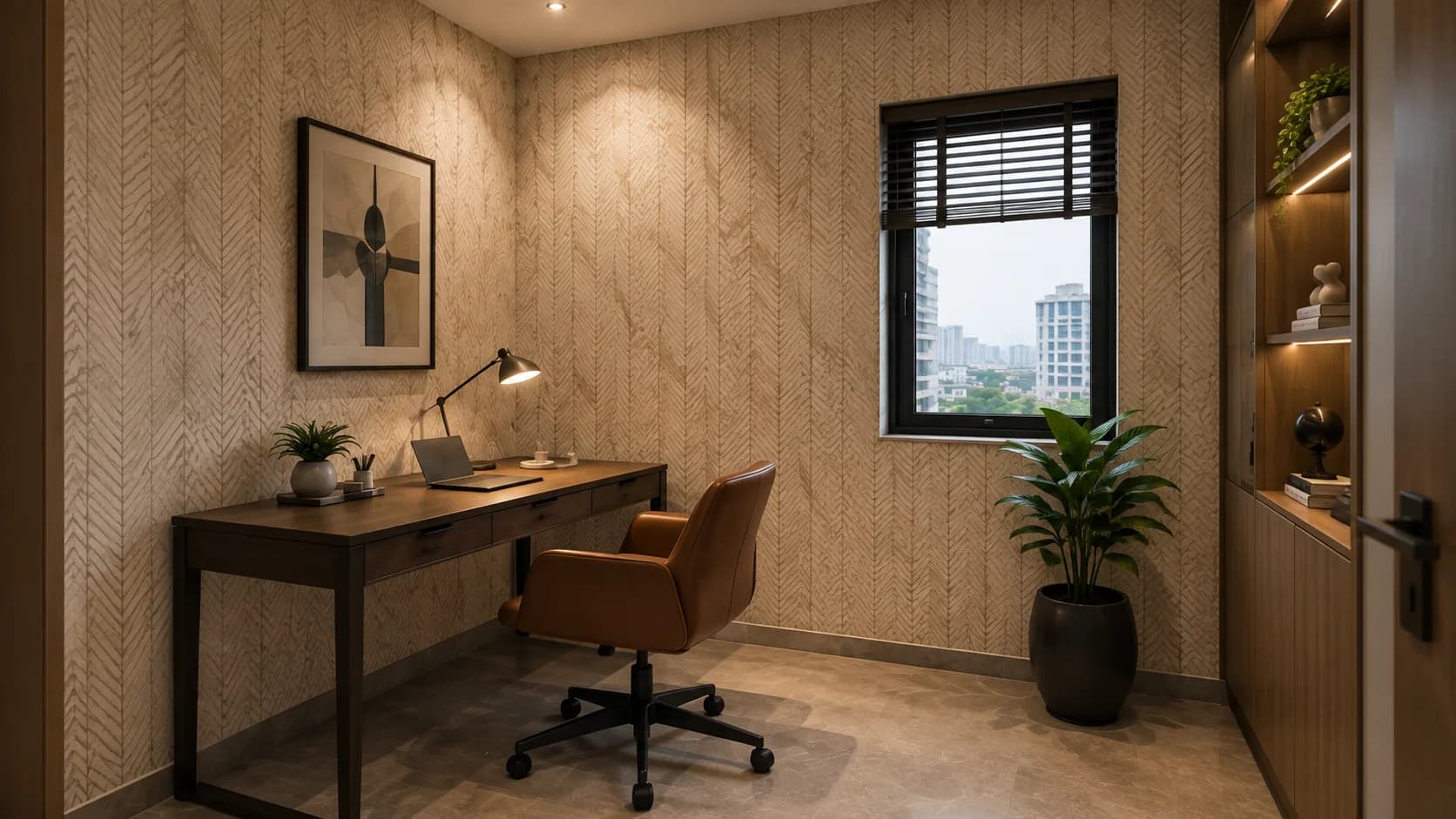 Modern Home Office Wallpaper in a Beige Herringbone Leaf Pattern | Interior Design Idea by IndecSpace