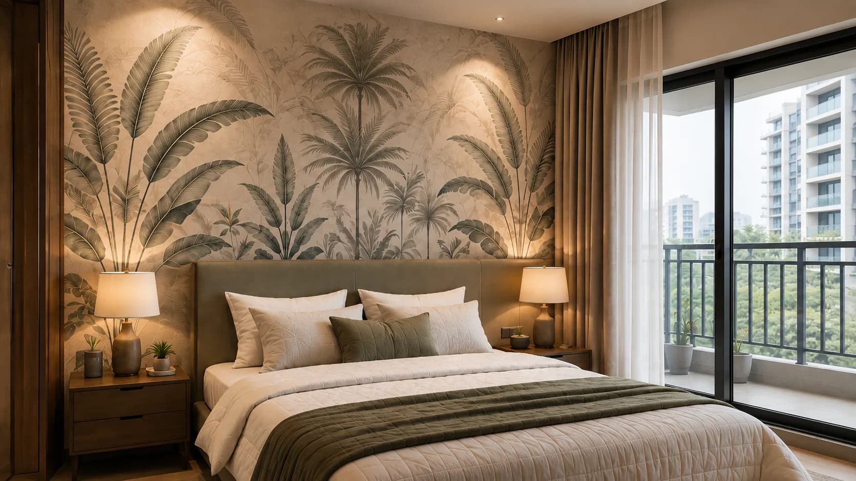 Tropical Master Bedroom Wallpaper in an Olive Green Palm Leaf Mural | Interior Design Idea by IndecSpace