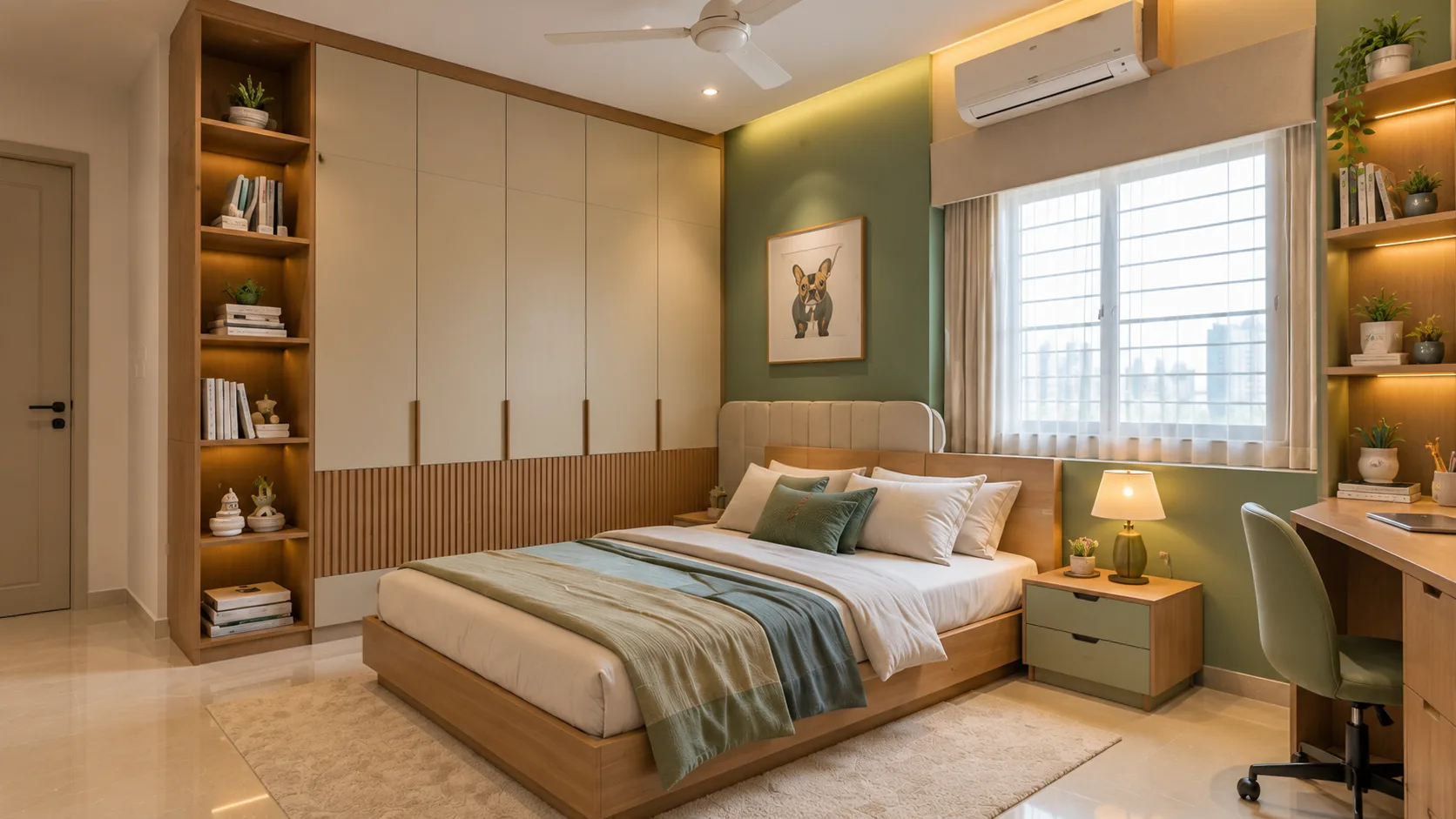 Contemporary Kids Bedroom with Sage Panelling, a Wood Bed and Study Unit | Interior Design Idea by IndecSpace