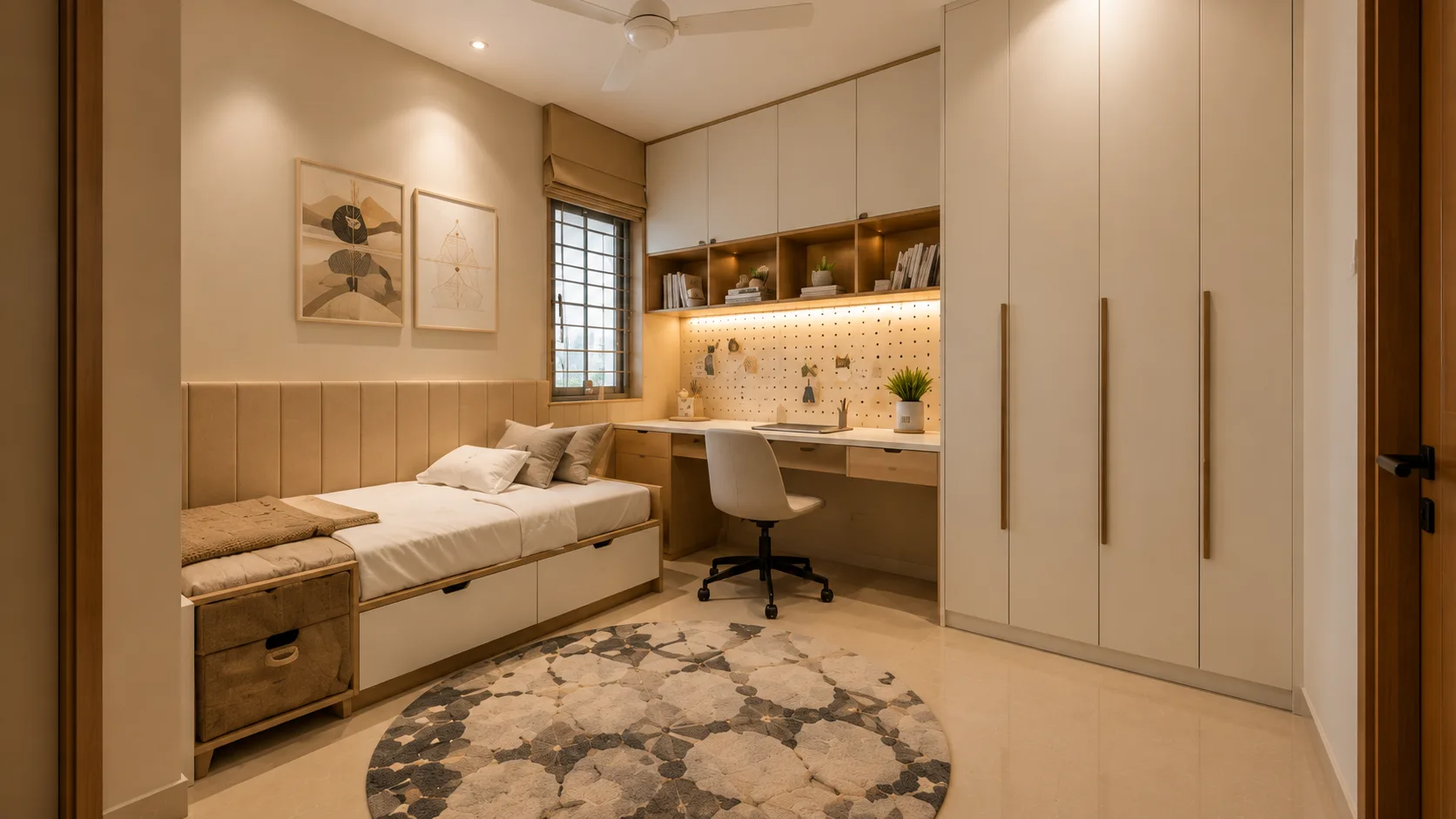 Modern Kids Bedroom with a Daybed, Full-Height Wardrobe and Study Desk | Interior Design Idea by IndecSpace