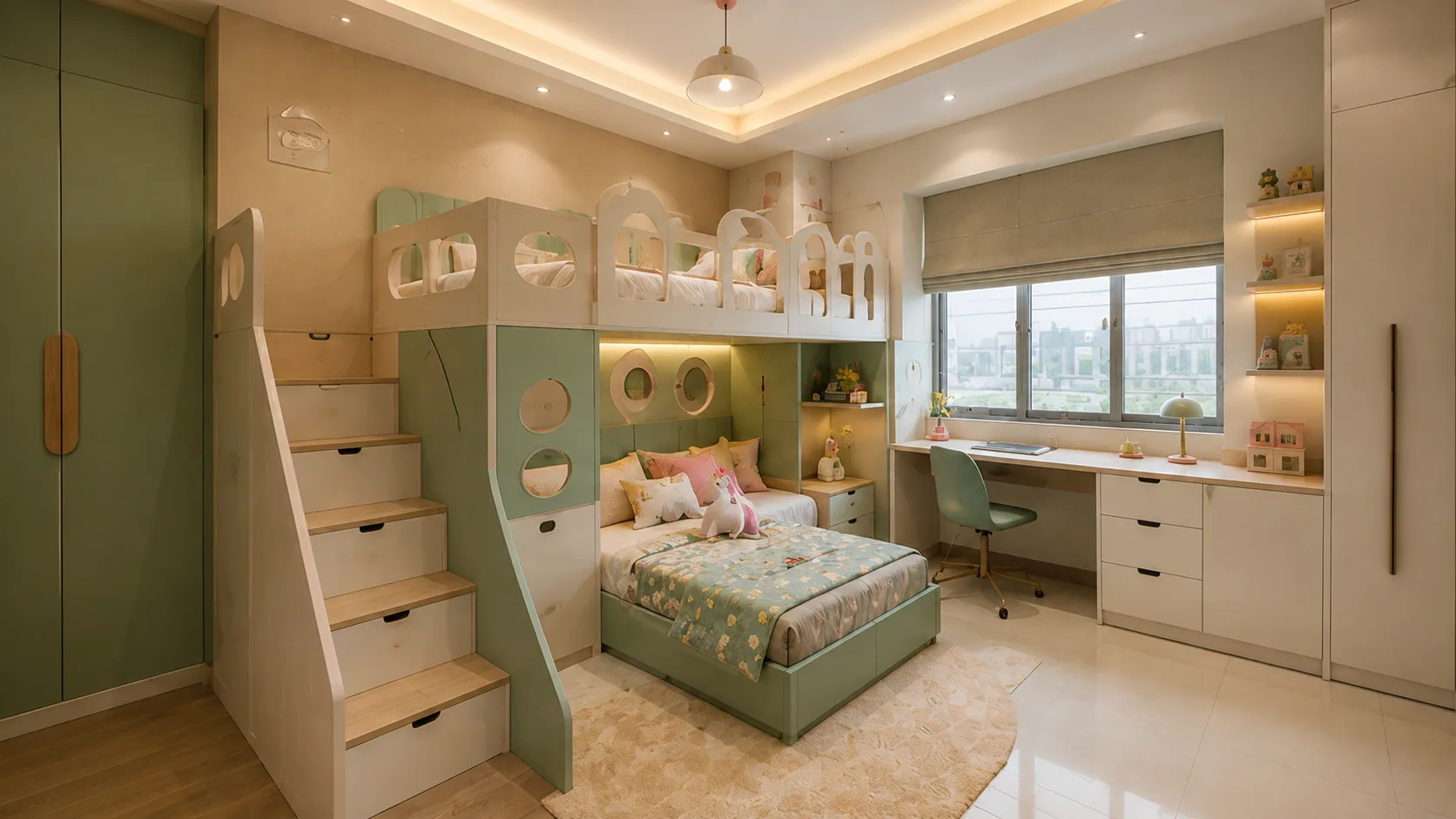 Pastel Kids Bedroom with a Mint Loft Bed and Staircase Storage | Interior Design Idea by IndecSpace