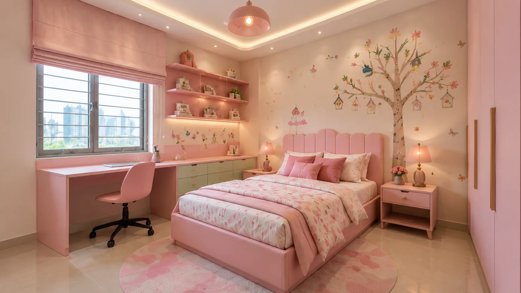 Pink Kids Bedroom with a Tree Mural and Window-Side Study Desk | Interior Design Idea by IndecSpace