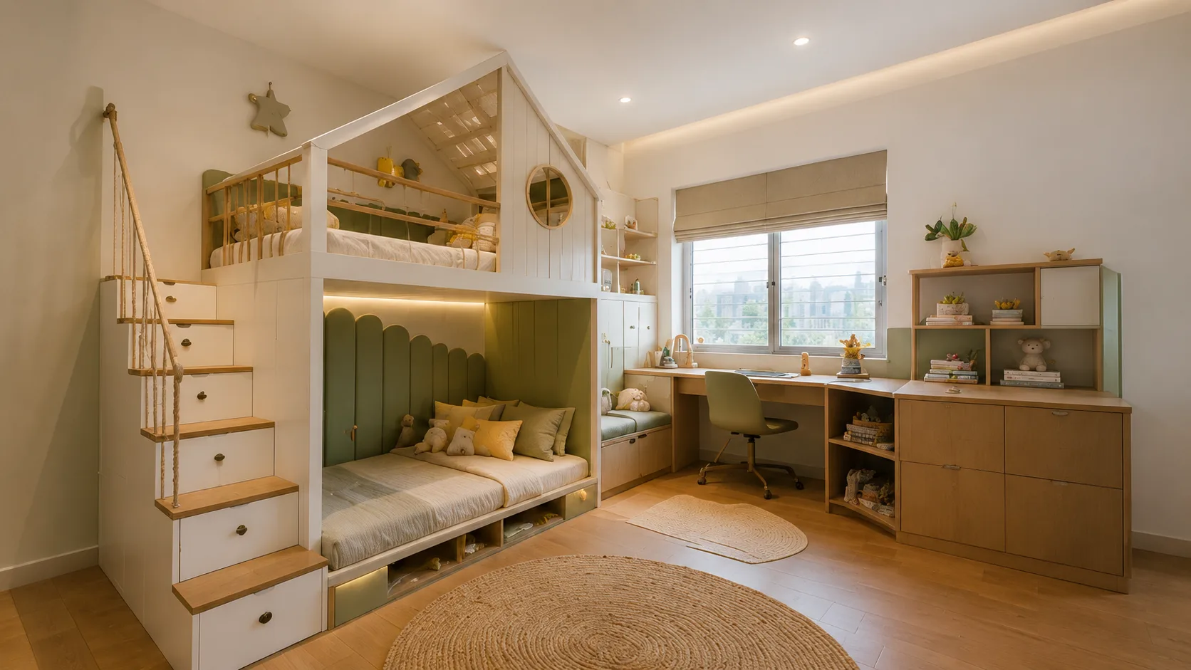 Scandinavian Kids Bedroom with a House-Frame Loft Bed and Integrated Study | Interior Design Idea by IndecSpace