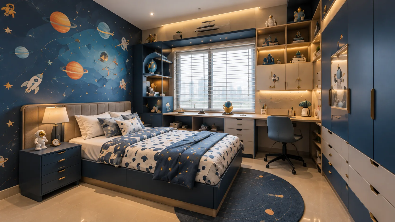 Space-Themed Kids Bedroom with a Blue Feature Wall and Integrated Study — view 1 | IndecSpace