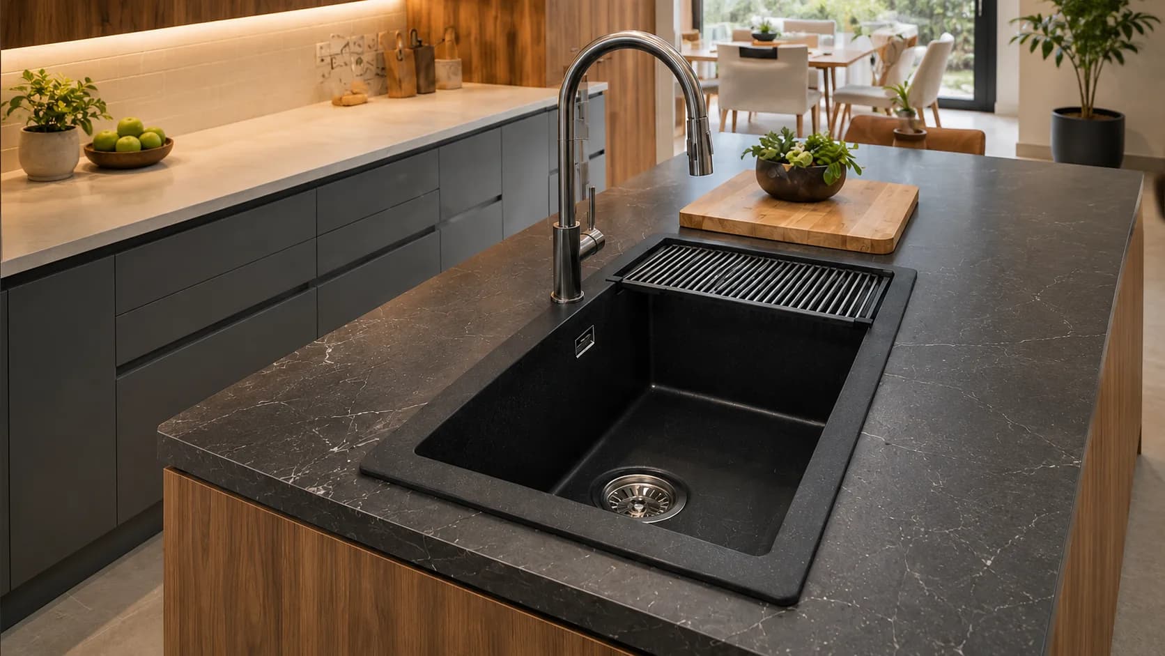 Black Granite Composite Single Bowl Sink with a Roll-Up Drying Rack | Interior Design Idea by IndecSpace