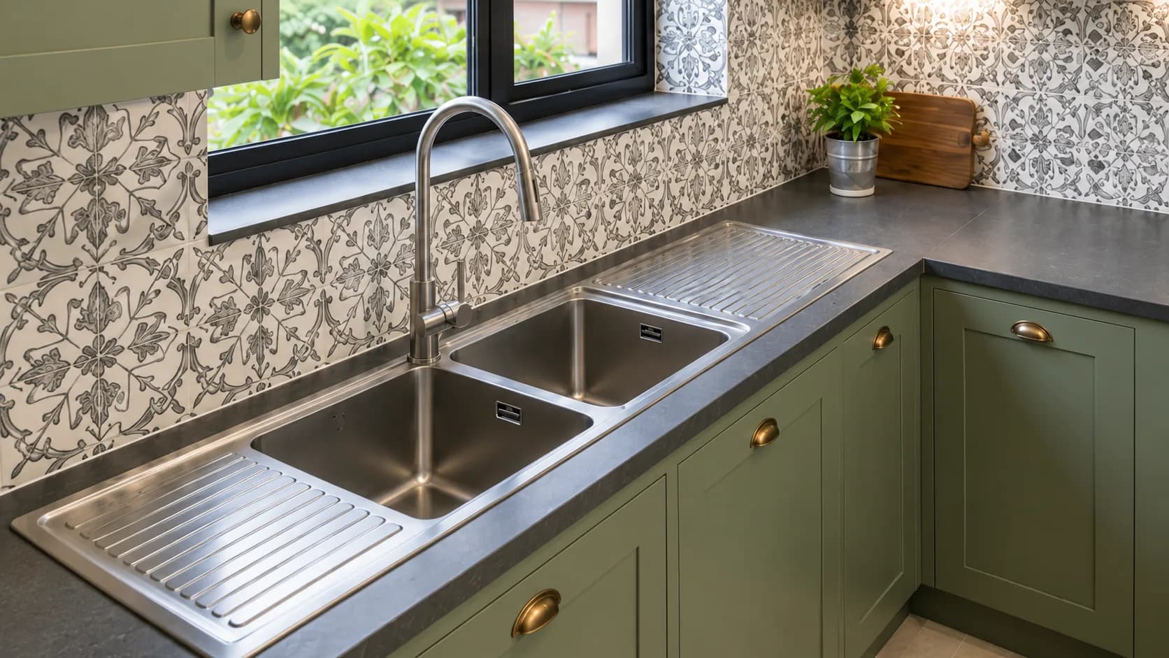 Stainless Steel Double Bowl Sink with Integrated Drainboards | Interior Design Idea by IndecSpace
