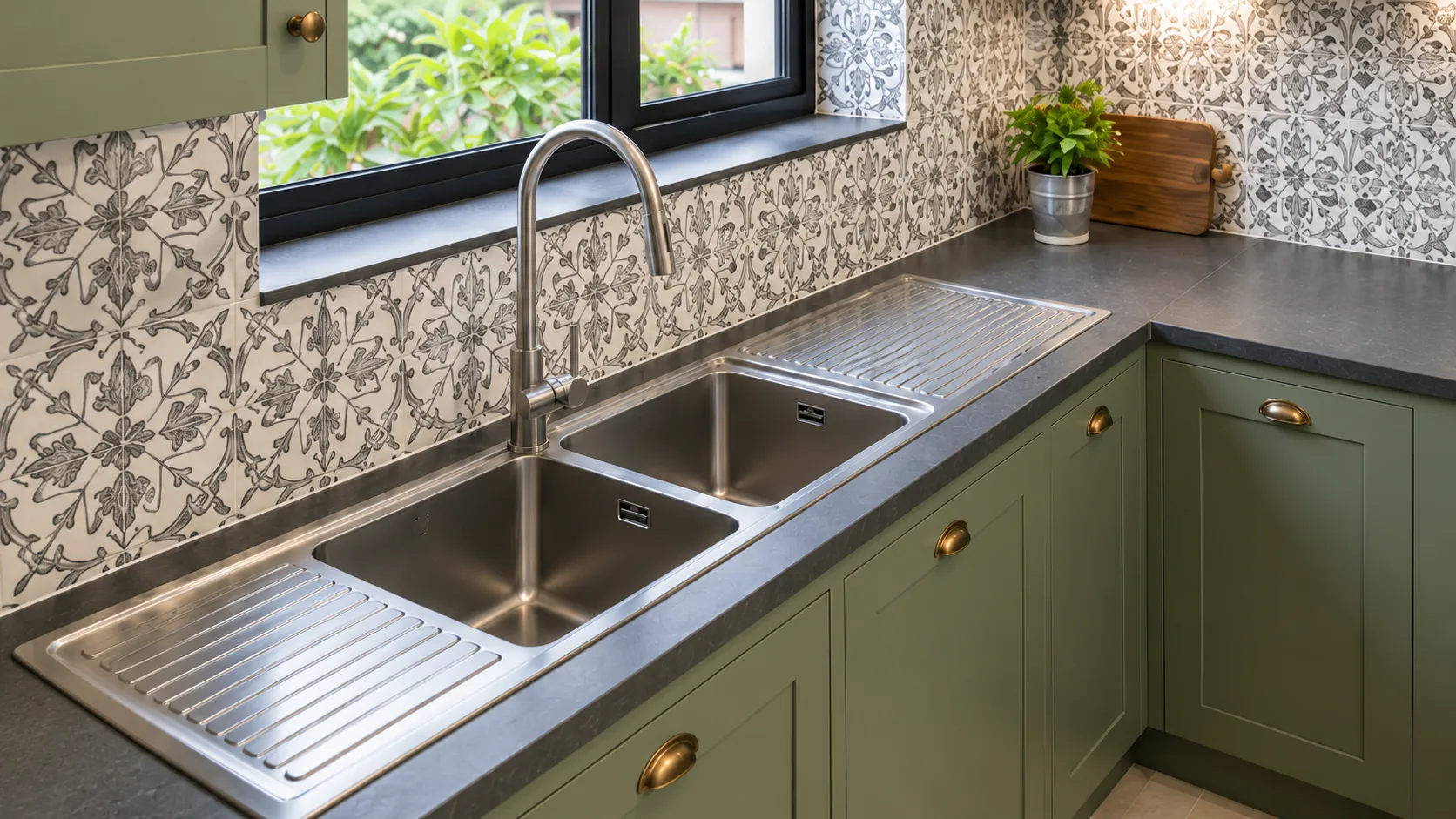 Stainless Steel Double Bowl Sink with Integrated Drainboards | Interior Design Idea by IndecSpace