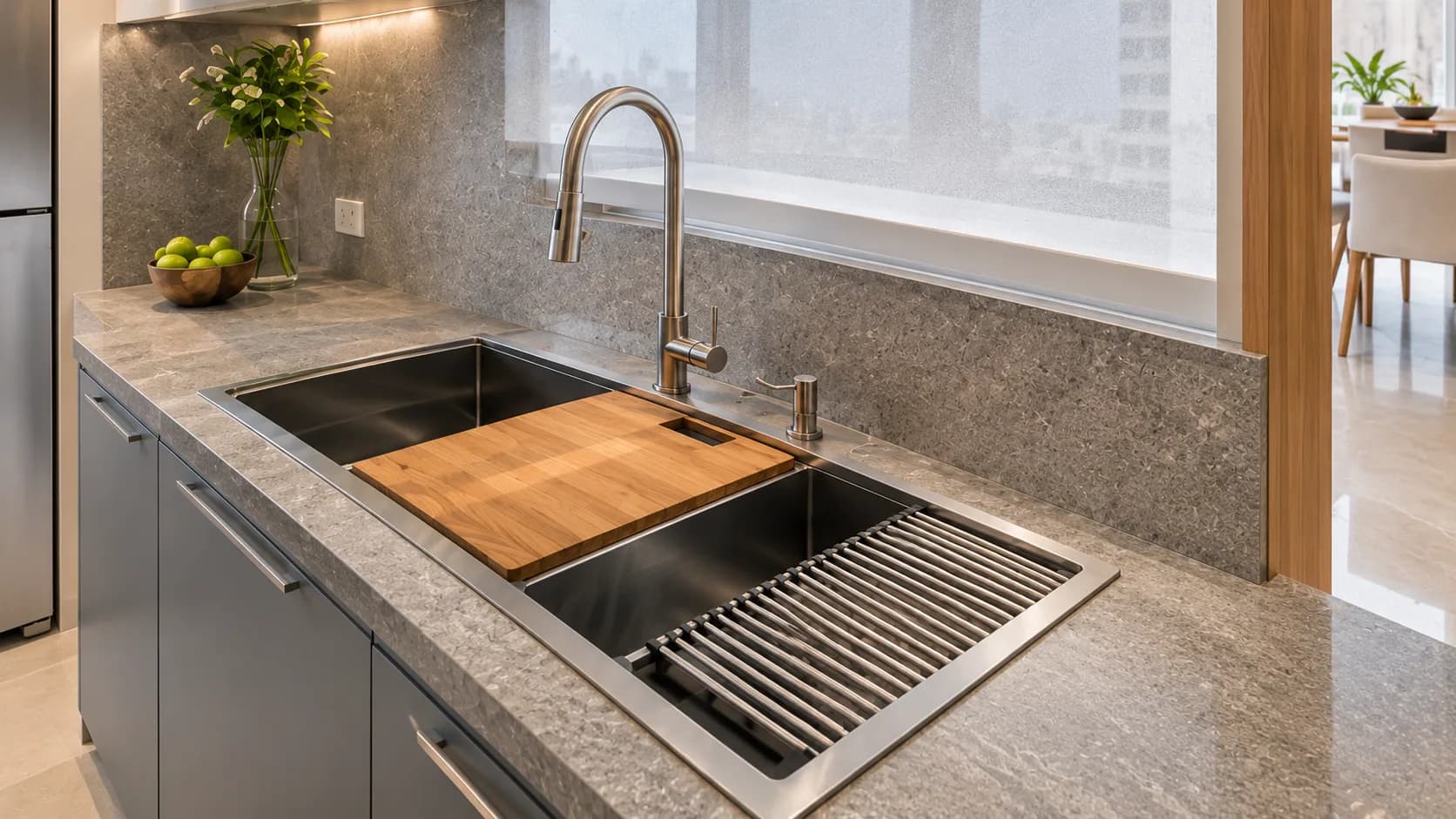 Stainless Steel Workstation Double Bowl Sink with Chopping Board and Rack | Interior Design Idea by IndecSpace