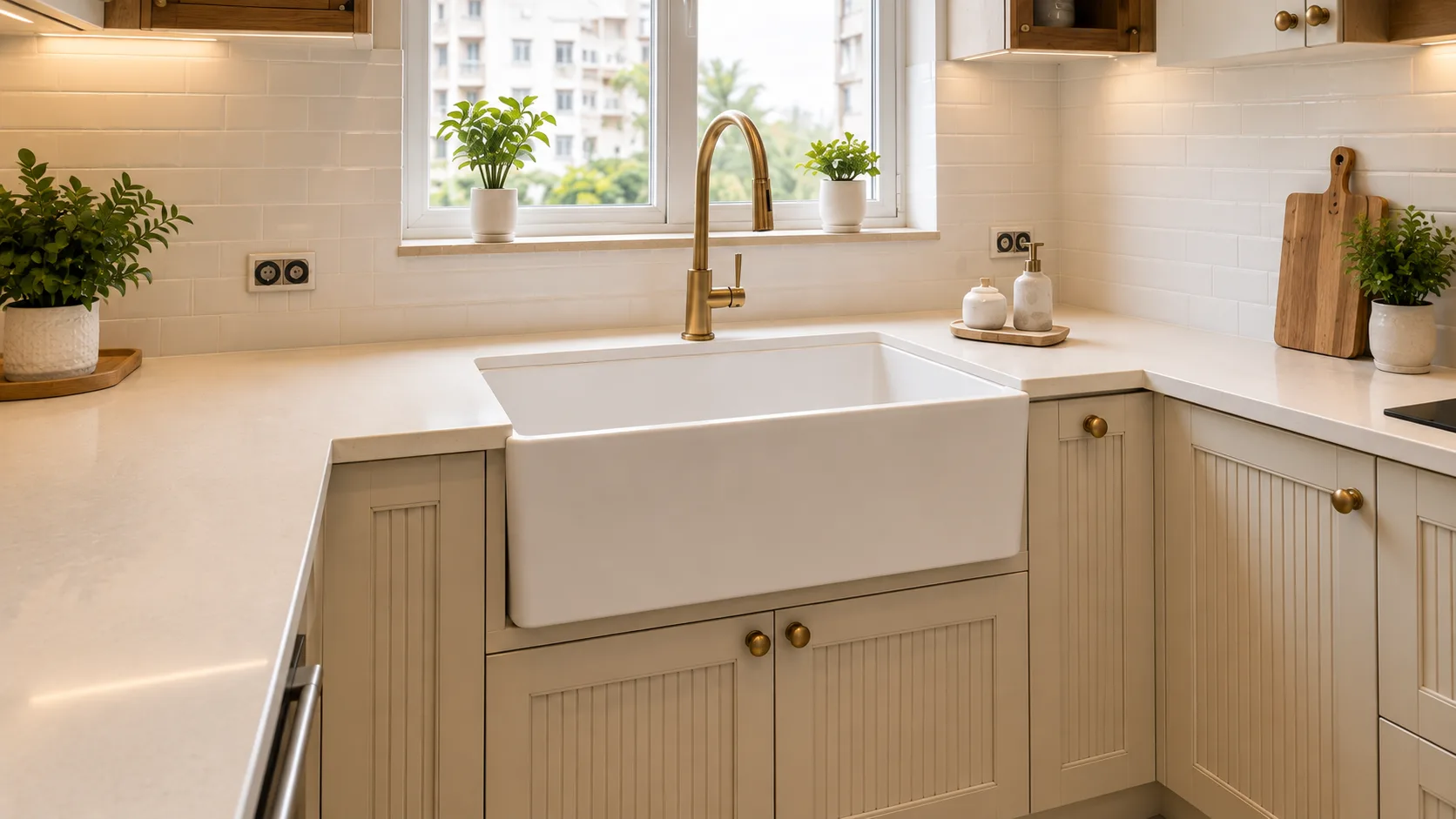 White Farmhouse Apron-Front Sink with a Brass Faucet | Interior Design Idea by IndecSpace
