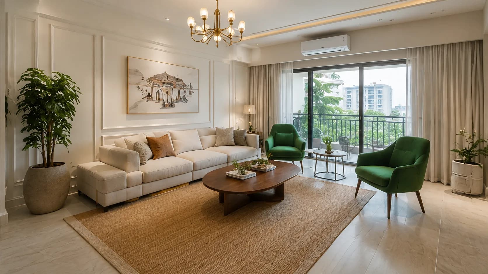 Classic Contemporary Living Room with a Cream Sofa and Green Accent Chairs | Interior Design Idea by IndecSpace