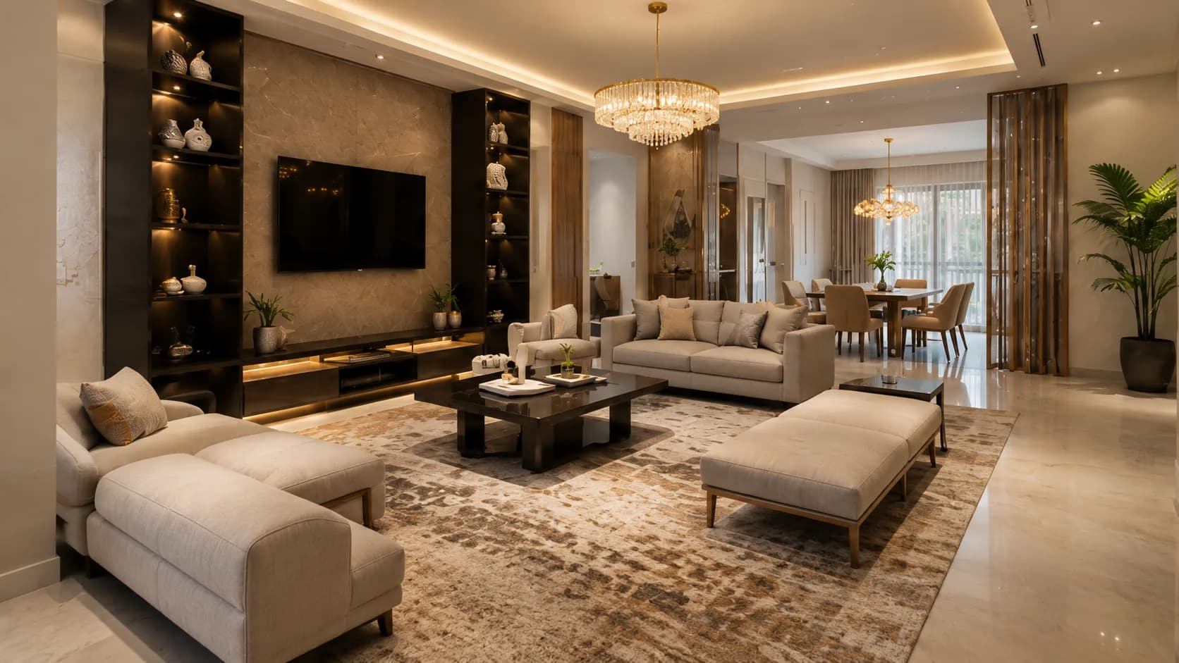 Luxury Contemporary Living Room with a Stone TV Wall and Crystal Chandelier | Interior Design Idea by IndecSpace