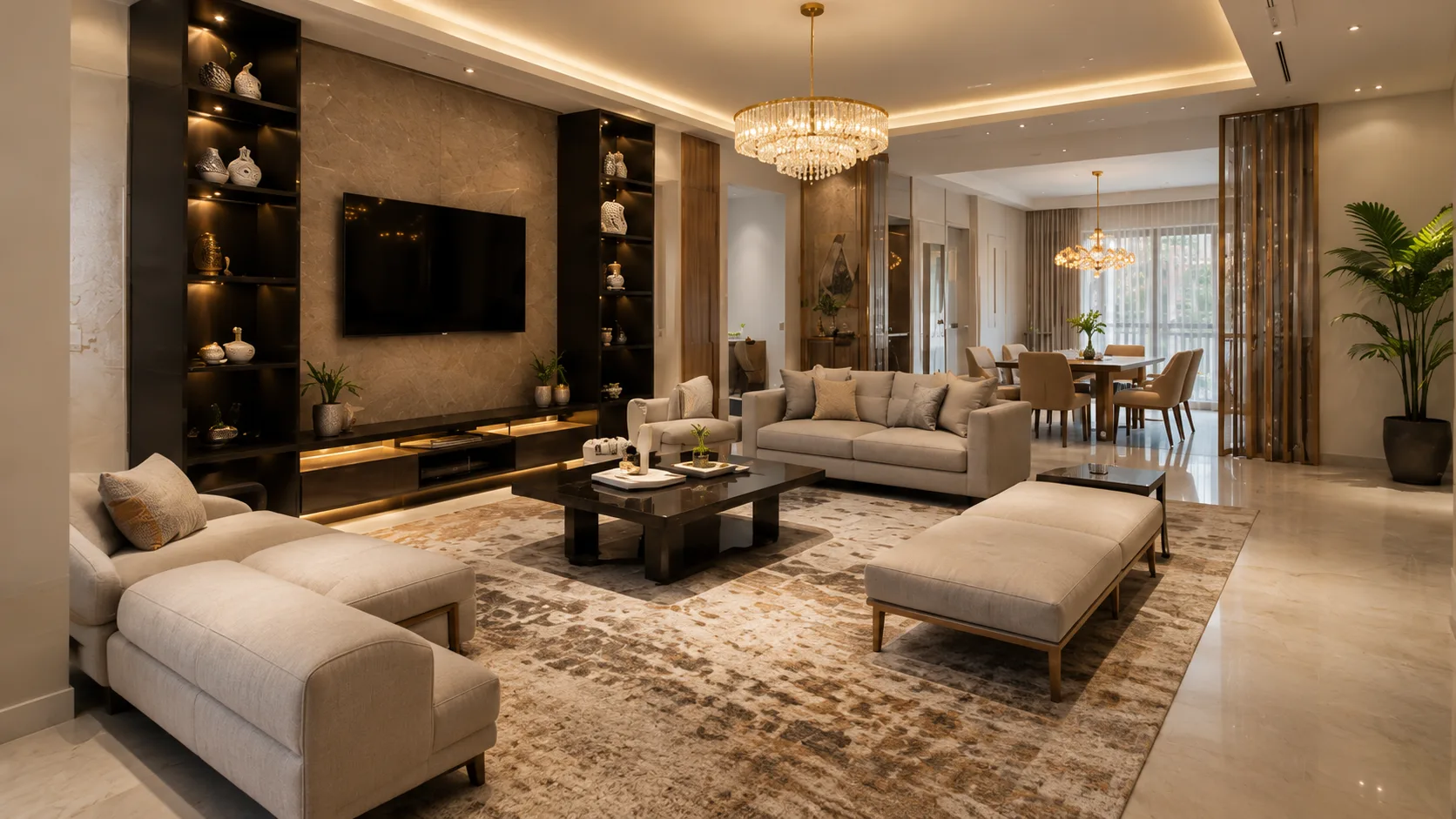 Luxury Contemporary Living Room with a Stone TV Wall and Crystal Chandelier | Interior Design Idea by IndecSpace