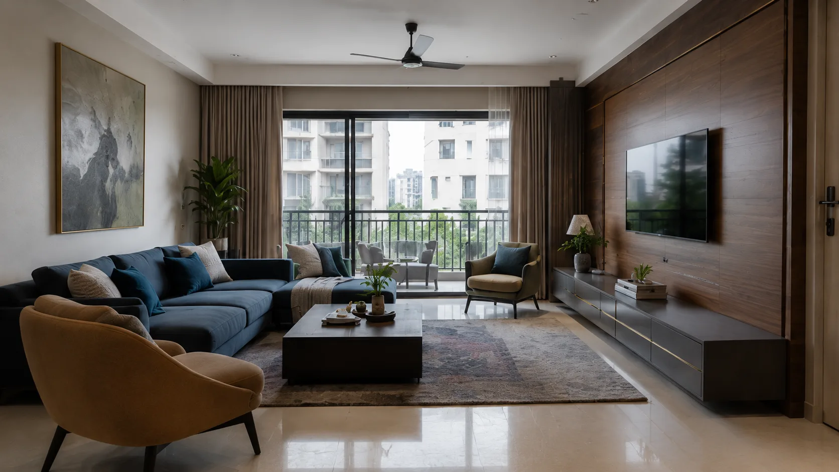 Modern Living Room with a Navy Sectional and Walnut TV Wall | Interior Design Idea by IndecSpace