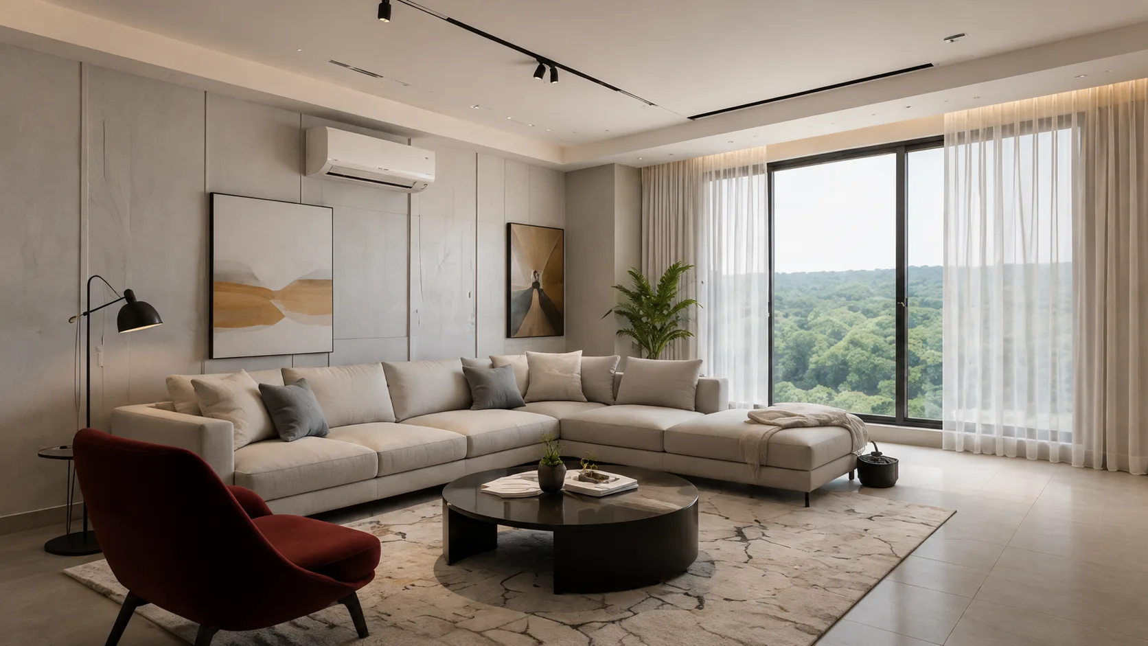 Modern Minimal Living Room with a Light Grey Sectional and Burgundy Accent Chair | Interior Design Idea by IndecSpace