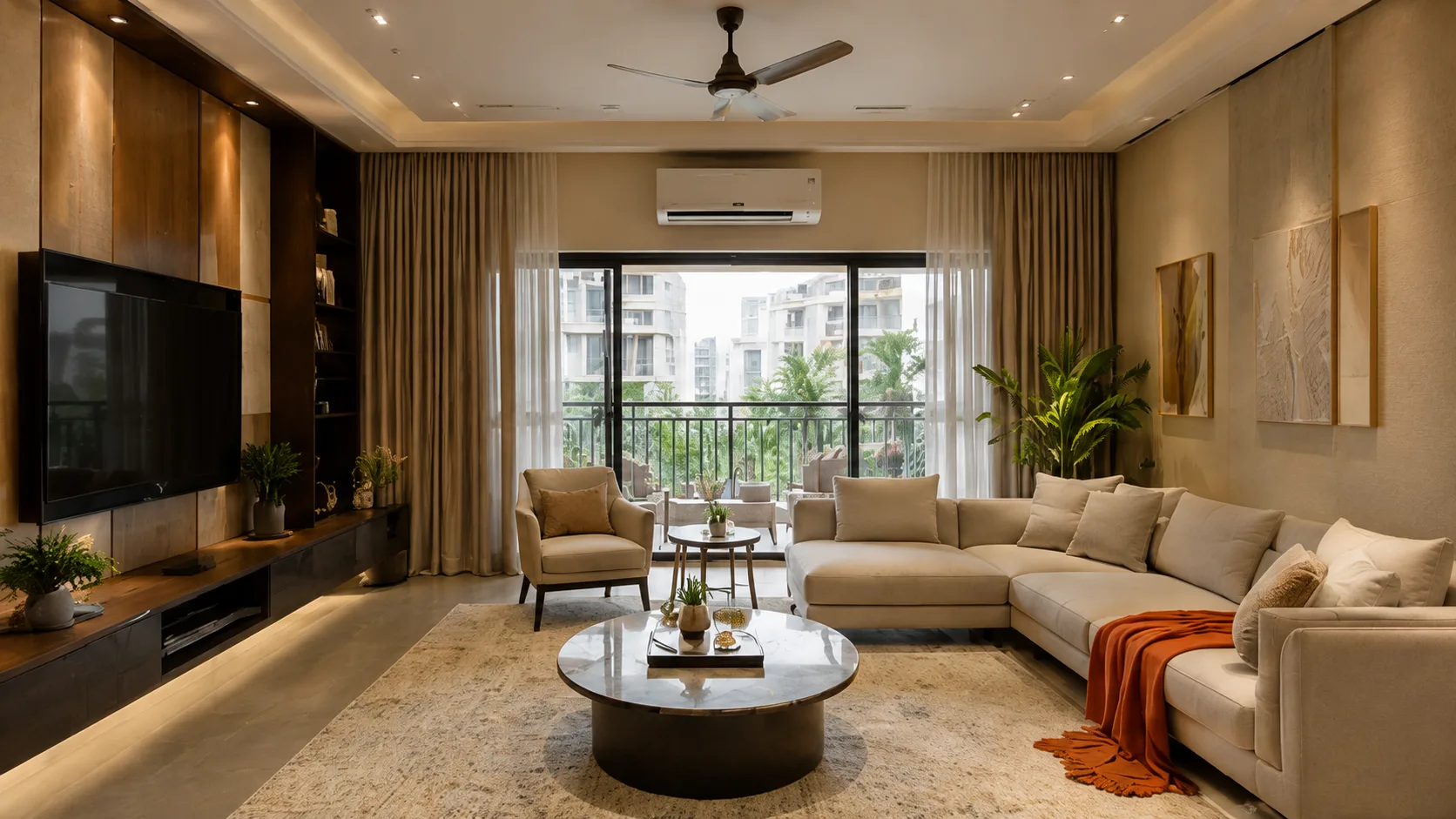 Warm Contemporary Living Room with a Beige L-Shaped Sofa and Wood TV Wall | Interior Design Idea by IndecSpace