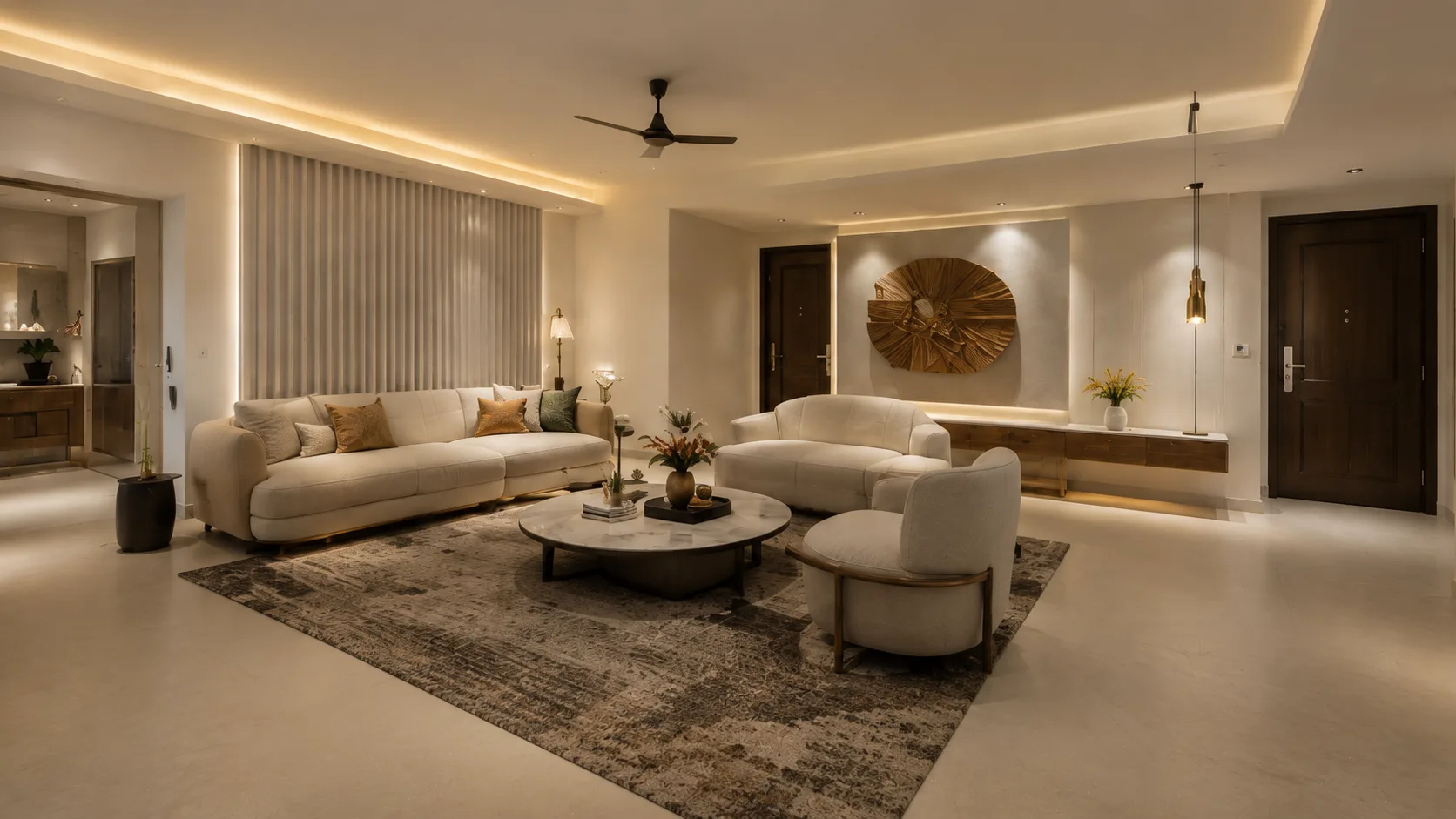 Warm Minimal Living Room with Curved Cream Sofas and a Fluted Feature Wall — view 1 | IndecSpace