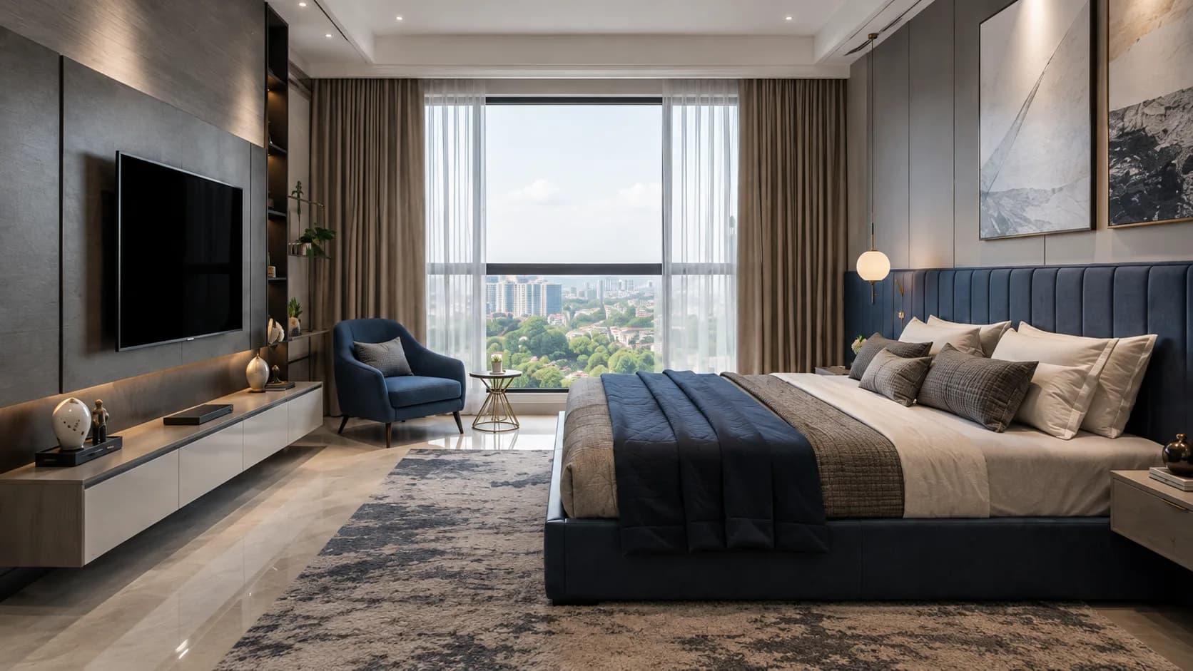 Contemporary Master Bedroom with a Navy Channel-Tufted Bed and Textured TV Wall | Interior Design Idea by IndecSpace