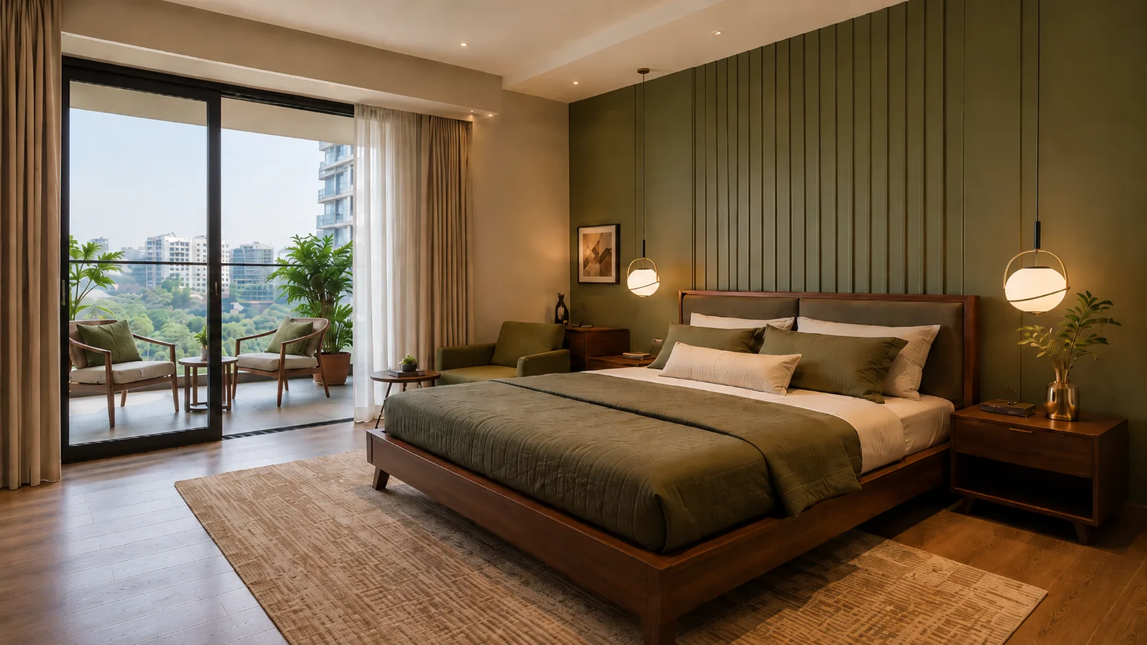 Contemporary Master Bedroom with Olive Green Panelling and a Walnut Platform Bed — view 1 | IndecSpace
