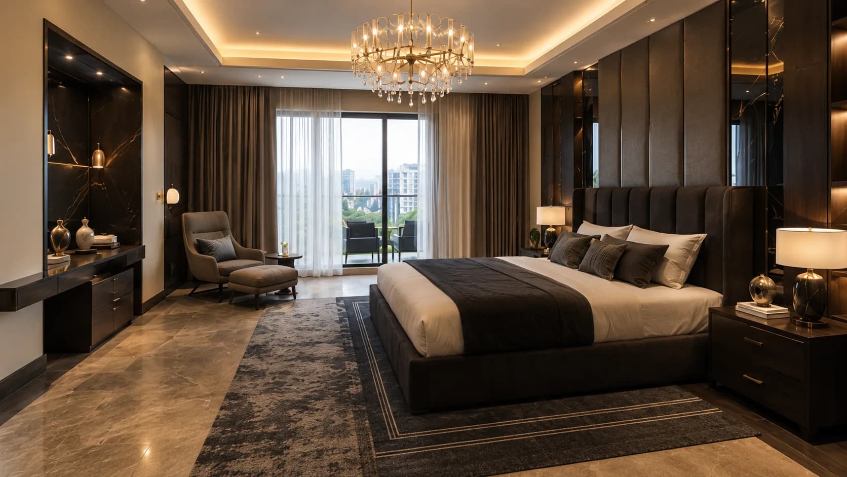 Modern Luxury Master Bedroom with a Charcoal Upholstered Bed and Crystal Chandelier | Interior Design Idea by IndecSpace