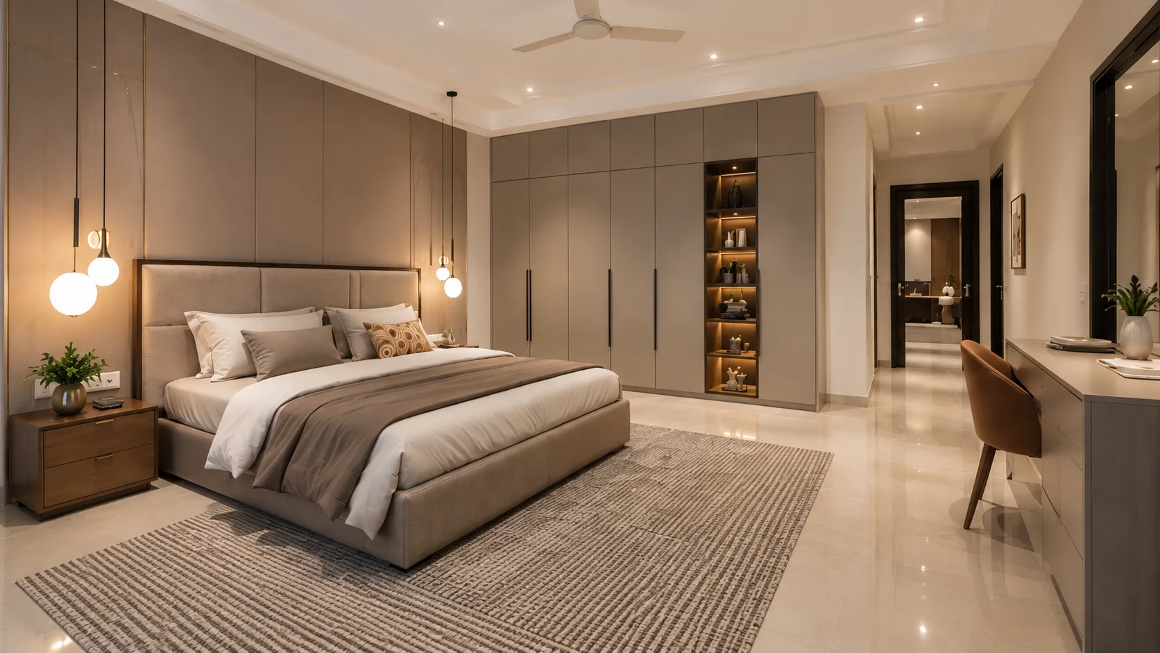 Modern Master Bedroom with Taupe Wardrobes and Illuminated Display Shelving | Interior Design Idea by IndecSpace