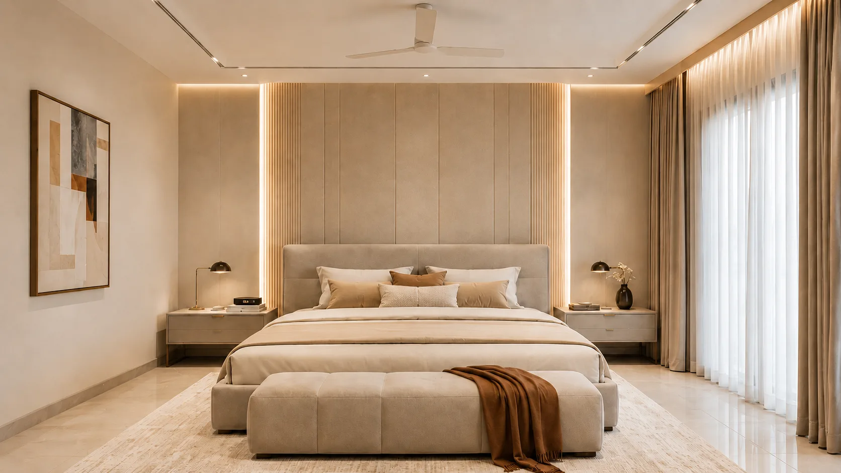 Warm Minimalist Master Bedroom with Beige Upholstered Panels and Concealed Lighting | Interior Design Idea by IndecSpace