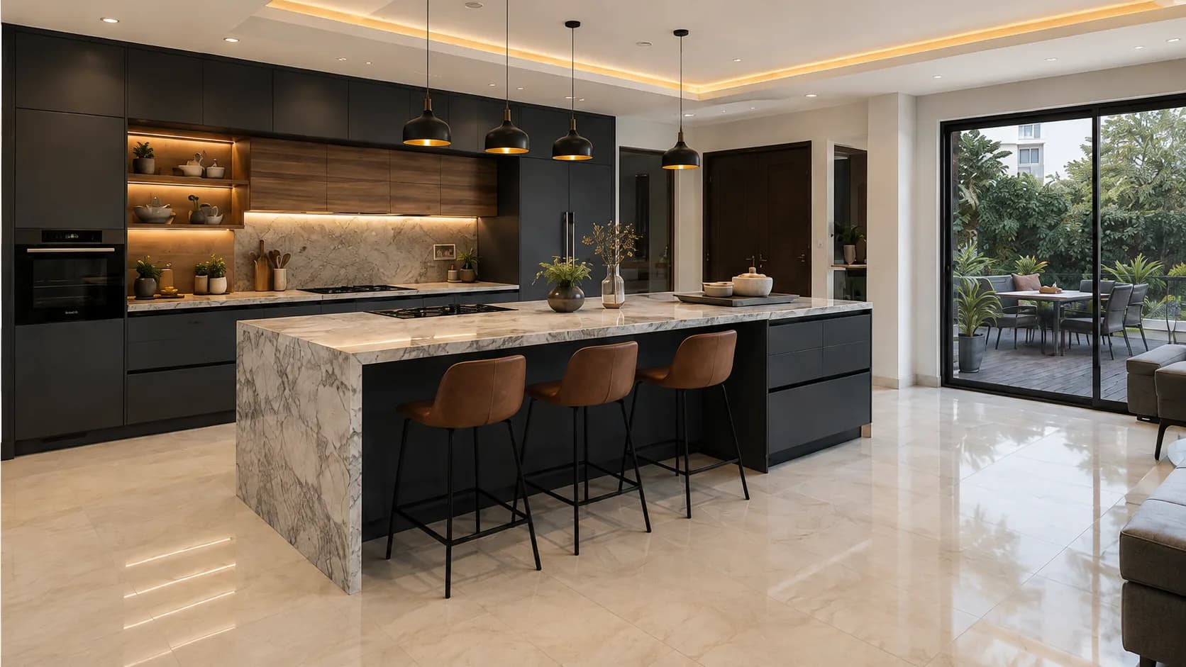 Contemporary Island Kitchen with Charcoal Cabinets and a Marble Waterfall Countertop | Interior Design Idea by IndecSpace