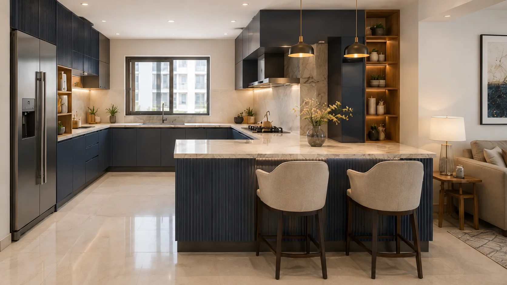 Contemporary U-Shaped Kitchen in Navy Blue with a Fluted Peninsula | Interior Design Idea by IndecSpace