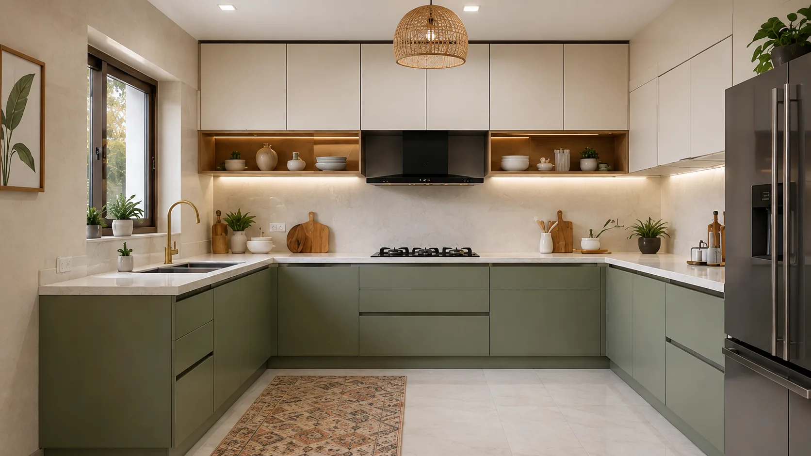 Contemporary U-Shaped Kitchen in Sage Green with Cream Overheads | Interior Design Idea by IndecSpace