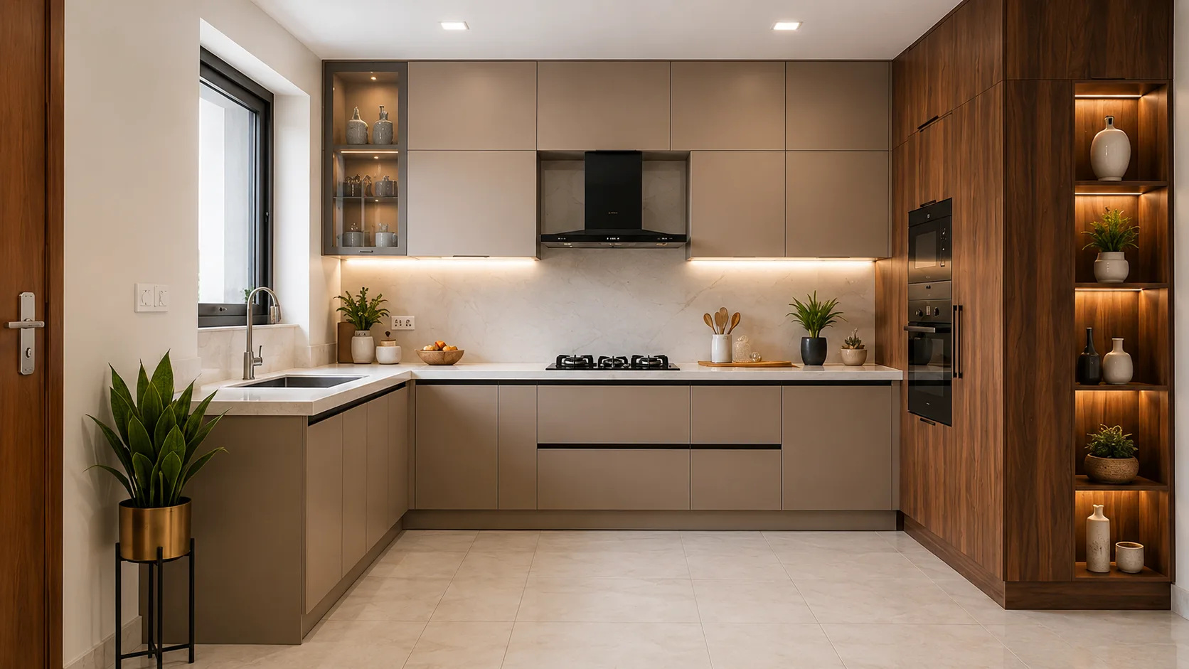 Modern L-Shaped Kitchen in Taupe with Walnut Tall Storage | Interior Design Idea by IndecSpace