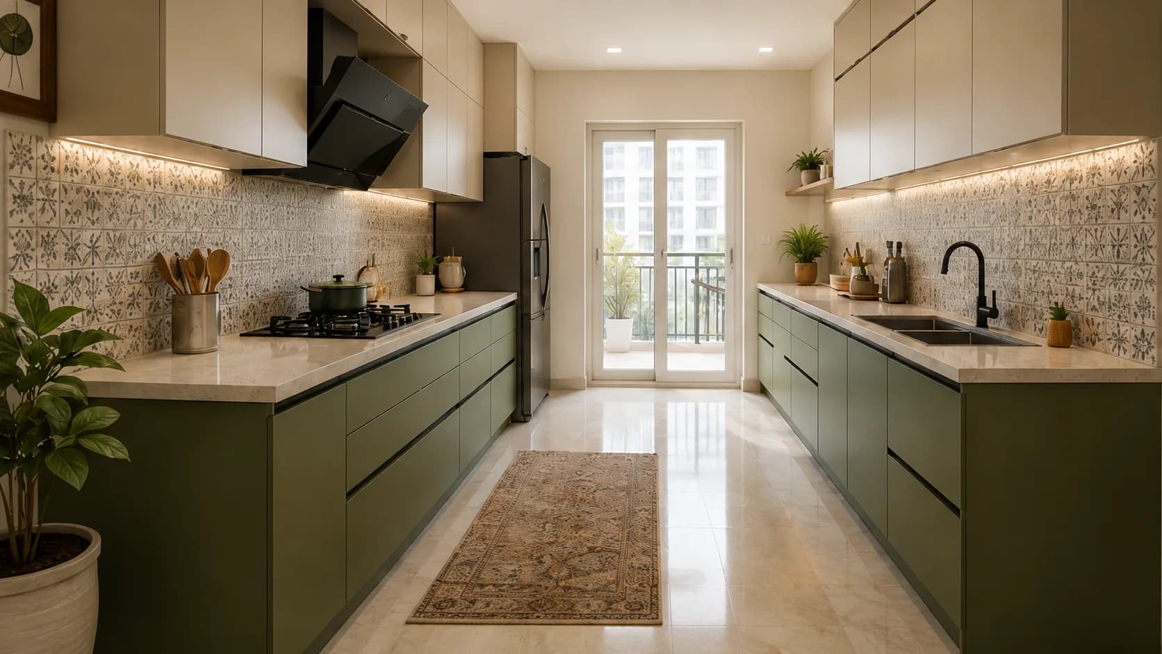 Modern Parallel Kitchen in Olive Green with a Patterned Tile Backsplash | Interior Design Idea by IndecSpace