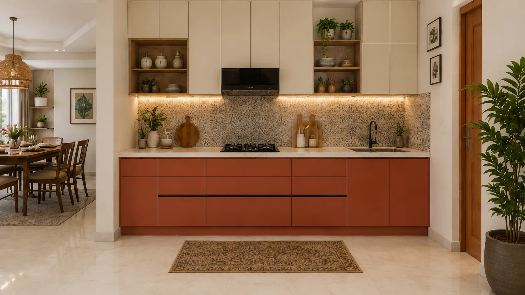 Modern Straight Kitchen in Terracotta with Beige Overheads | Interior Design Idea by IndecSpace