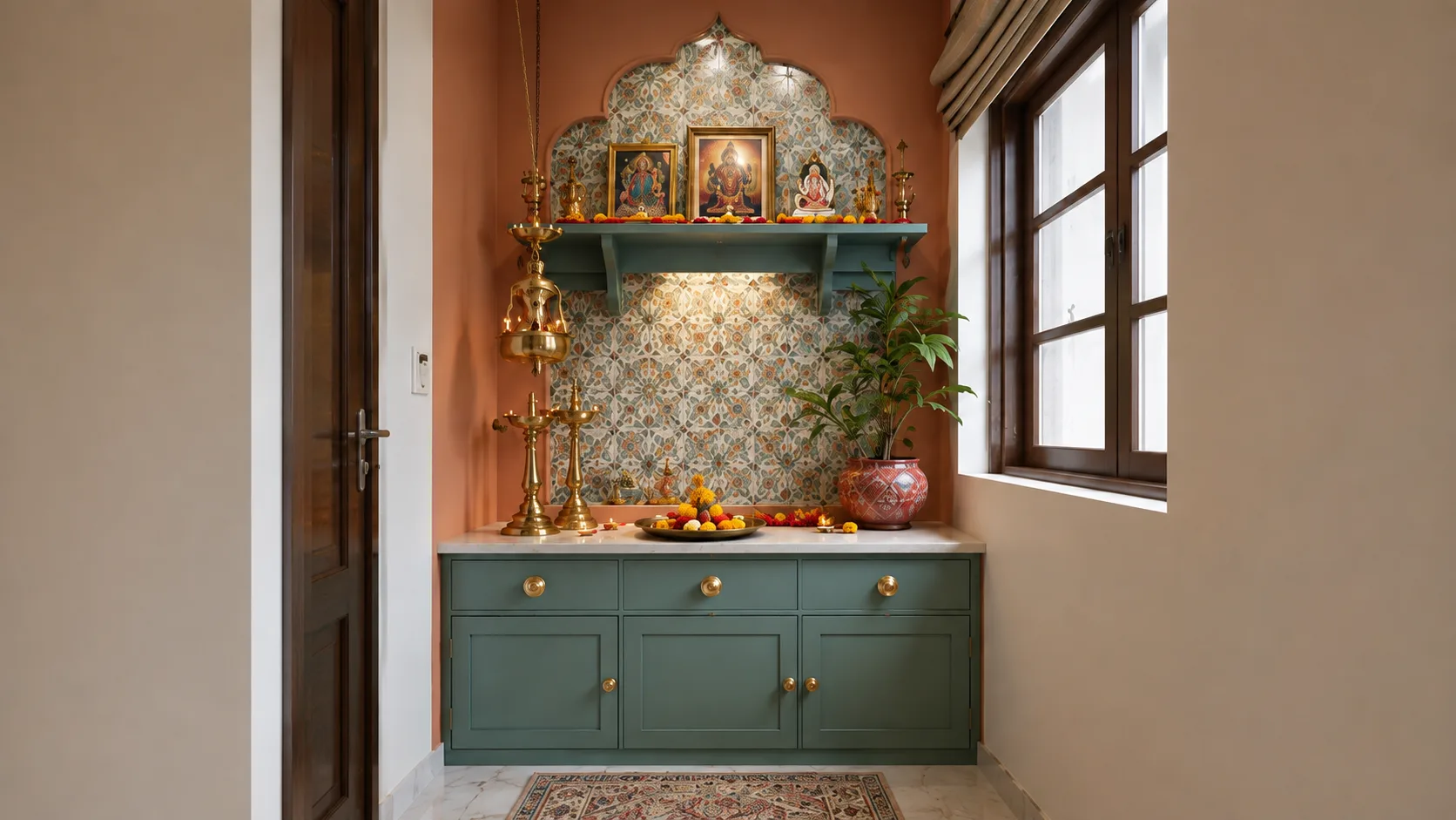 Artisan Pooja Unit with a Teal Storage Cabinet and Patterned Tile Backdrop — view 1 | IndecSpace