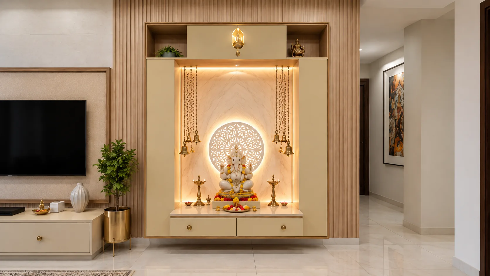 Contemporary Ganesha Pooja Unit with a Backlit Jaali and Fluted Panelling | Interior Design Idea by IndecSpace