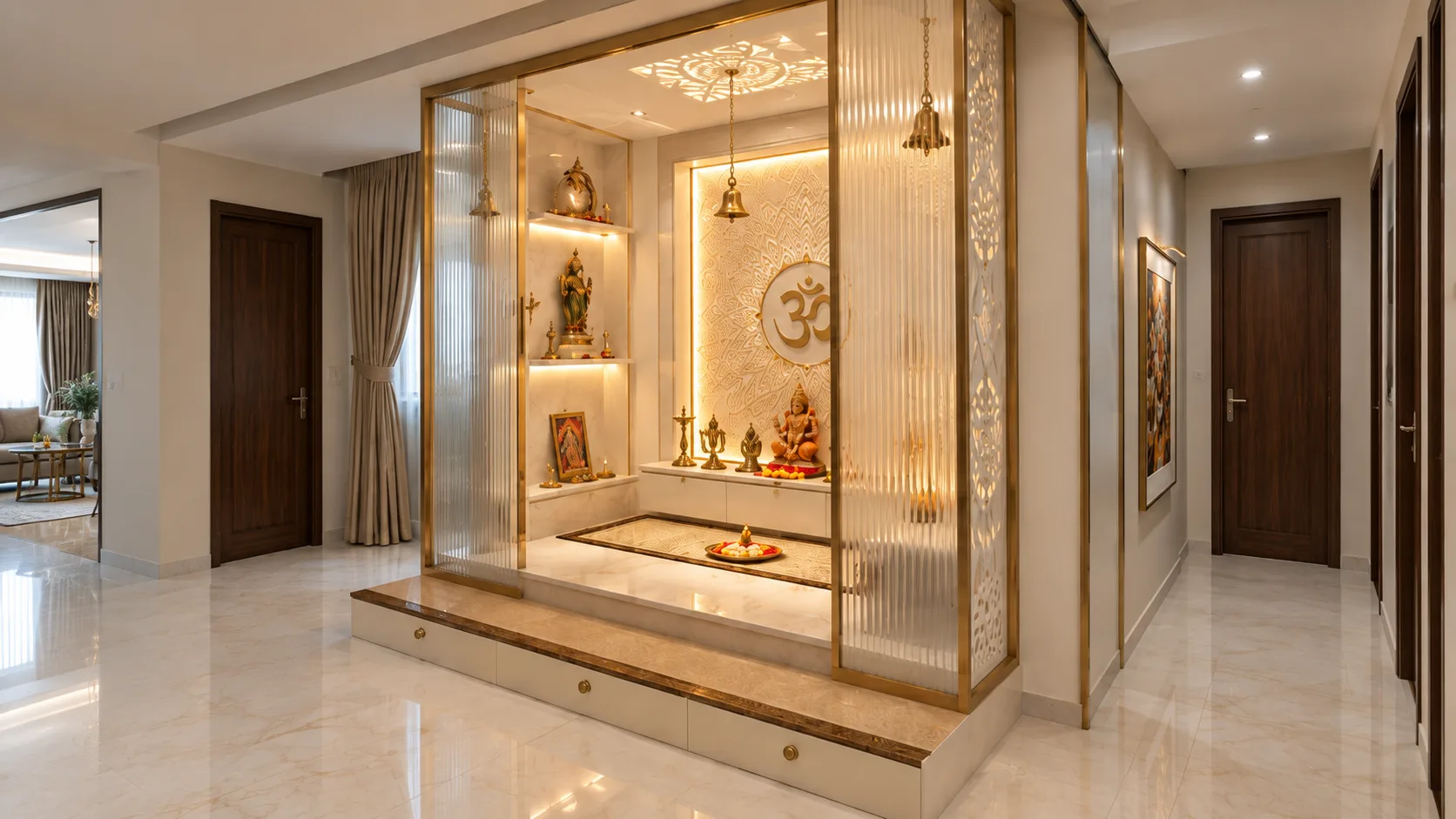 Modern Glass-Enclosed Pooja Room with a Backlit Om Wall | Interior Design Idea by IndecSpace