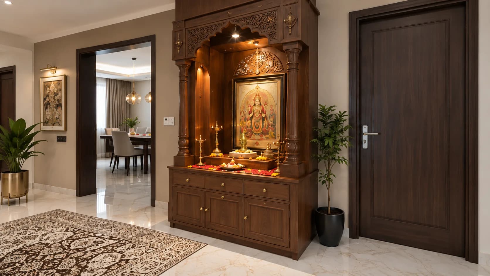 Traditional Wooden Pooja Mandir with Carved Pillars and Storage | Interior Design Idea by IndecSpace