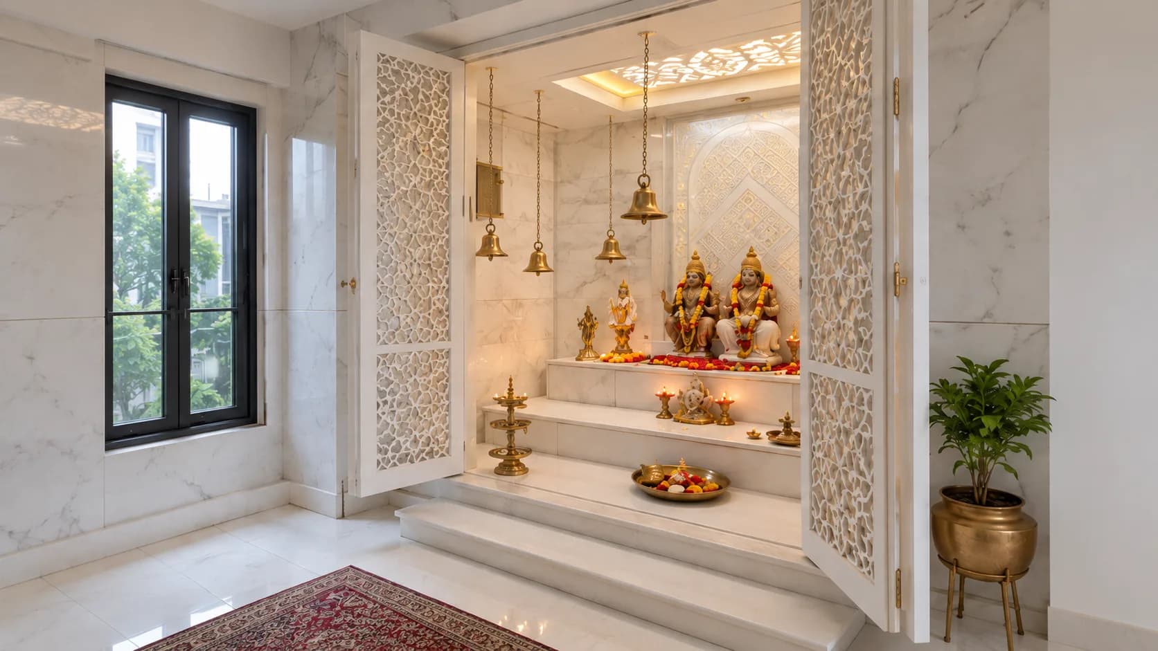 White Marble Pooja Room with Jaali Doors and Brass Hanging Bells | Interior Design Idea by IndecSpace