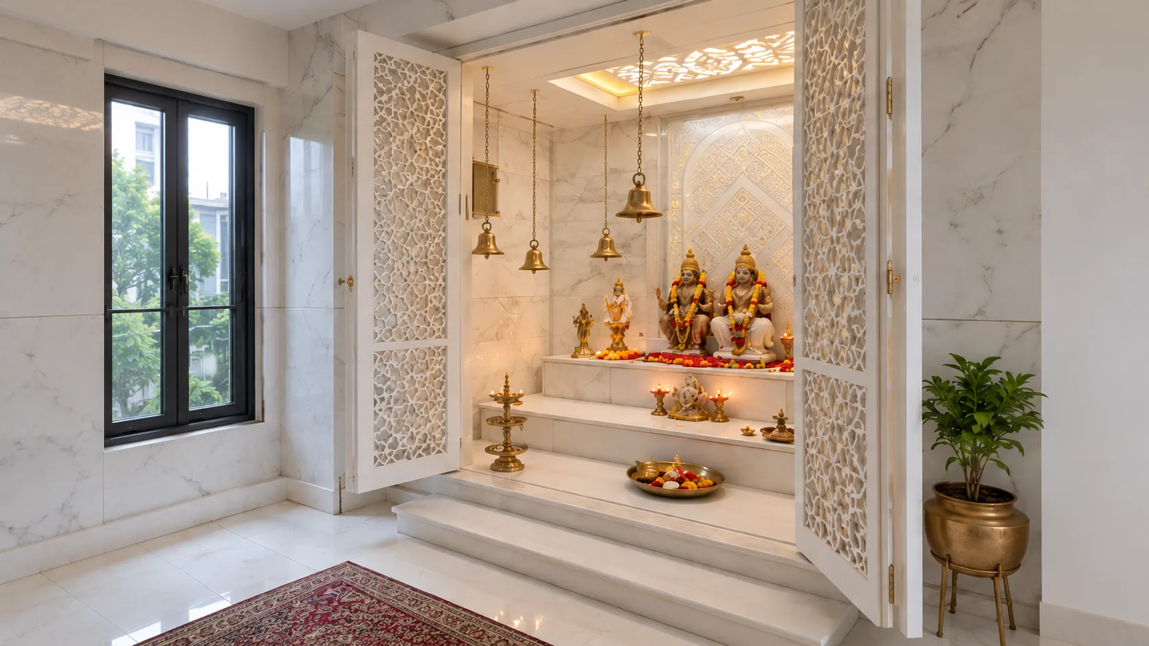 White Marble Pooja Room with Jaali Doors and Brass Hanging Bells | Interior Design Idea by IndecSpace