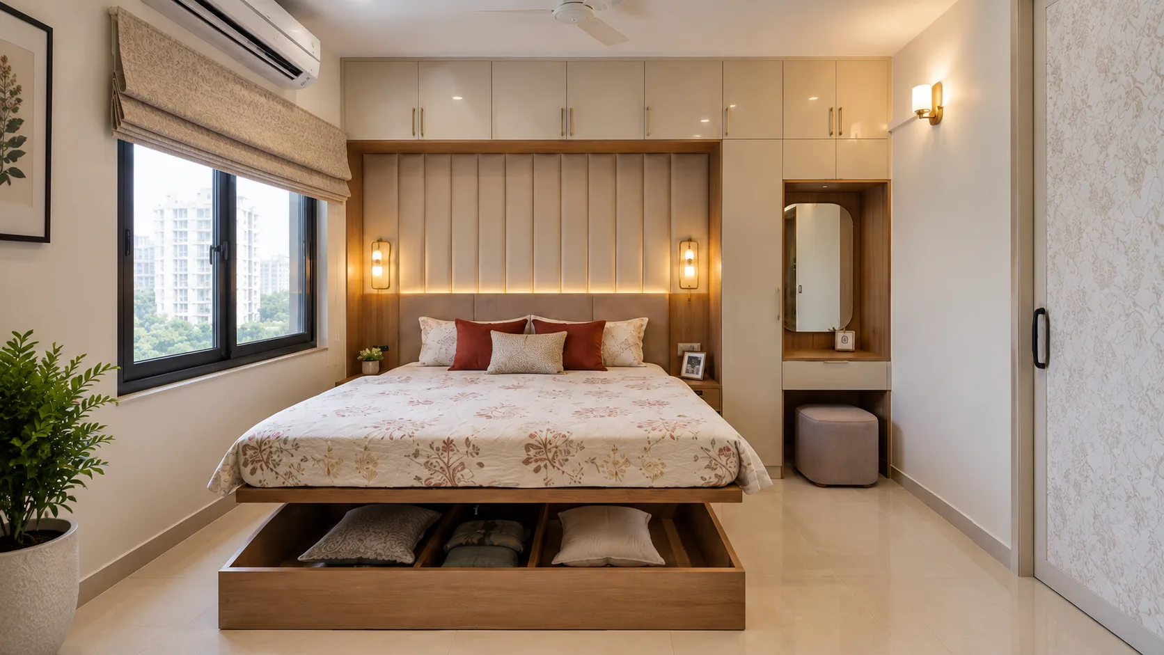 Space-Saving Bedroom with a Storage Bed, Overhead Cabinets and Dressing Unit | Interior Design Idea by IndecSpace