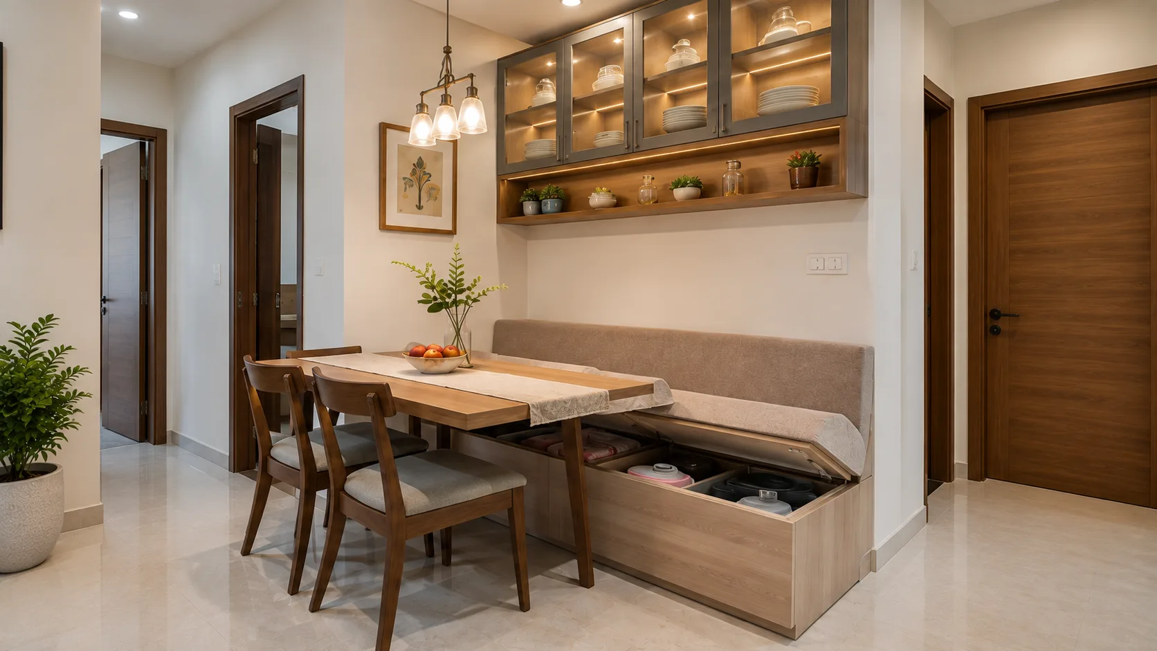 Space-Saving Dining Room with a Storage Bench and Wall-Mounted Crockery Unit | Interior Design Idea by IndecSpace