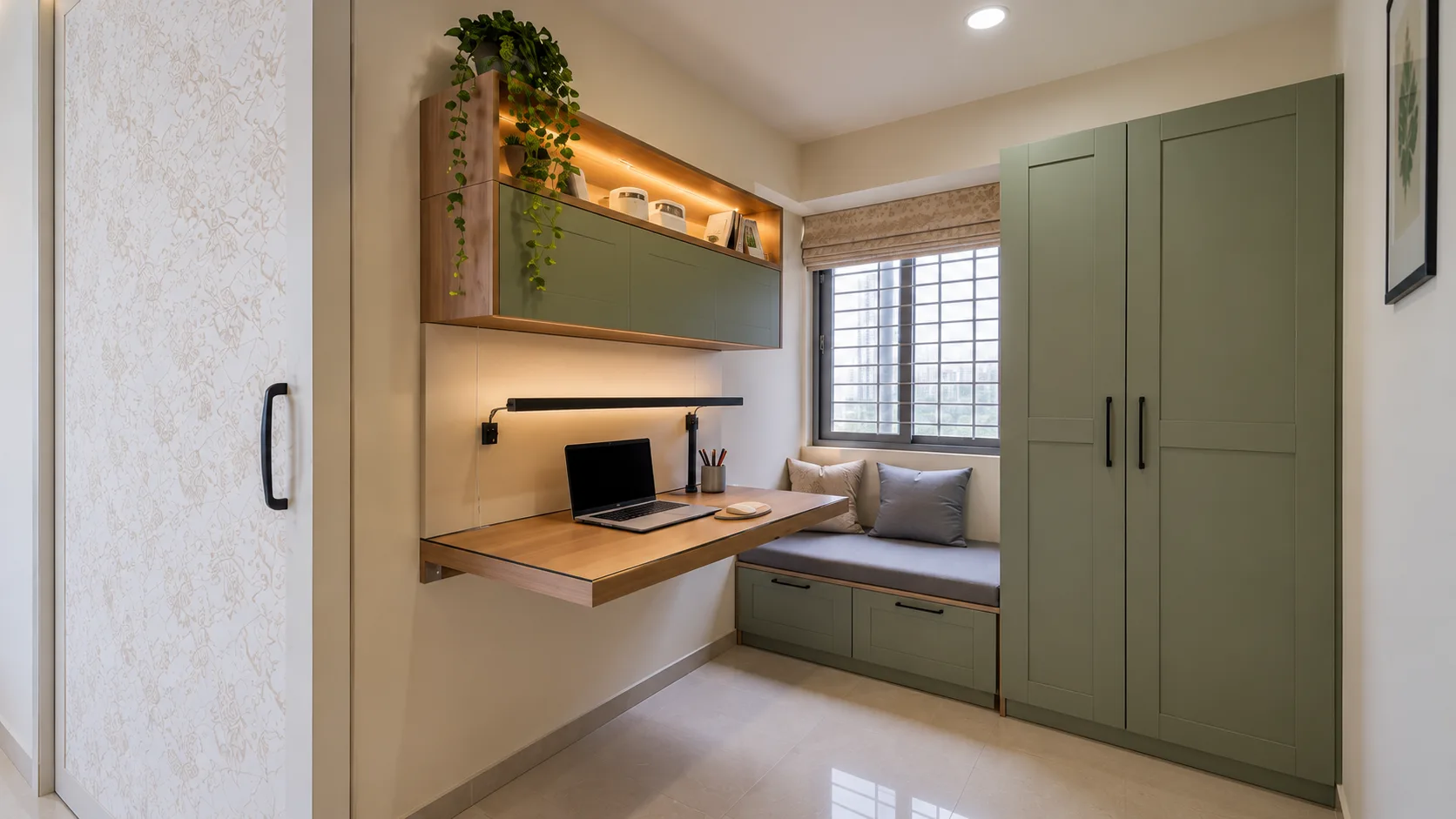 Space-Saving Home Office with a Floating Desk, Window Seat and Storage | Interior Design Idea by IndecSpace