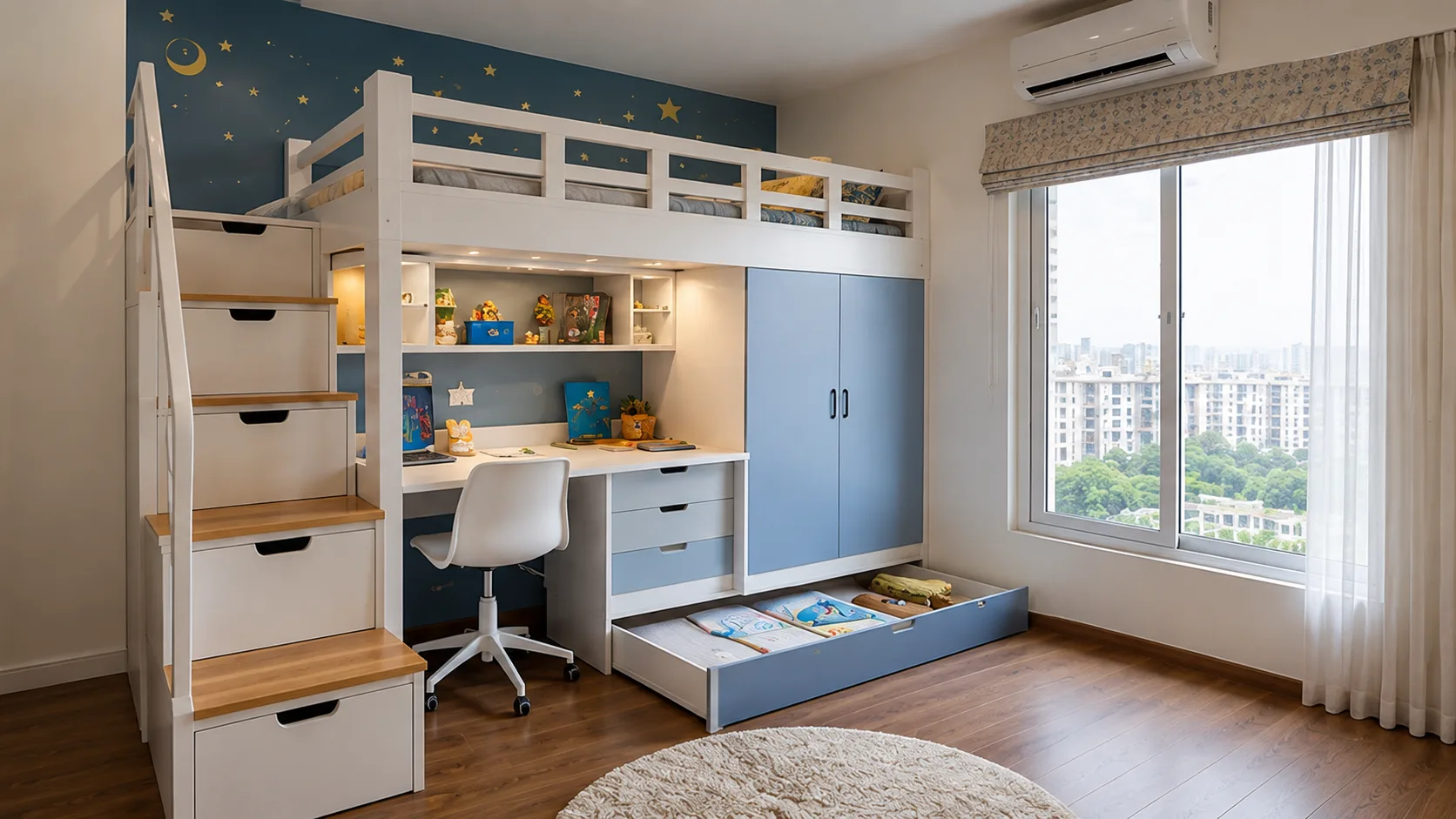Space-Saving Kids Bedroom with a Loft Bed and Staircase Storage | Interior Design Idea by IndecSpace