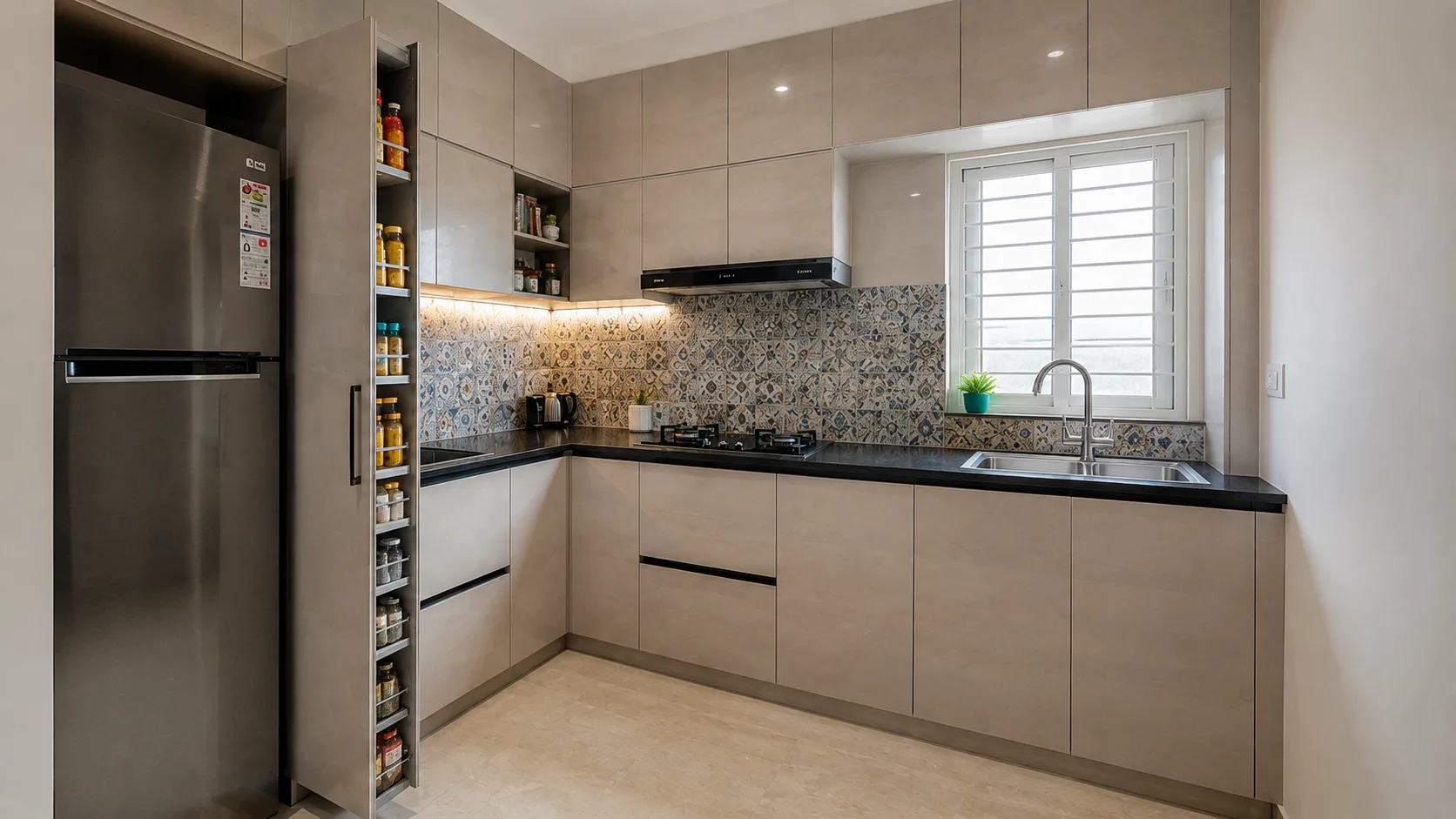Space-Saving Kitchen with an L-Shaped Layout, Tall Pantry and Pull-Out Storage | Interior Design Idea by IndecSpace