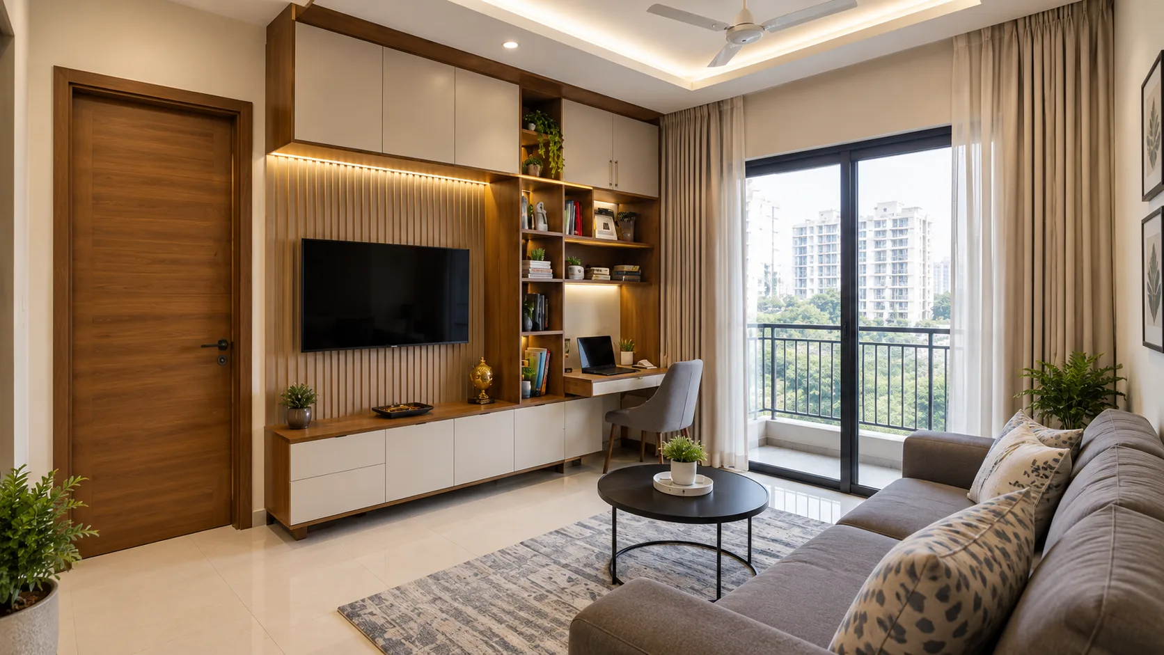 Space-Saving Living Room with a TV Unit, Integrated Study Desk and Storage | Interior Design Idea by IndecSpace
